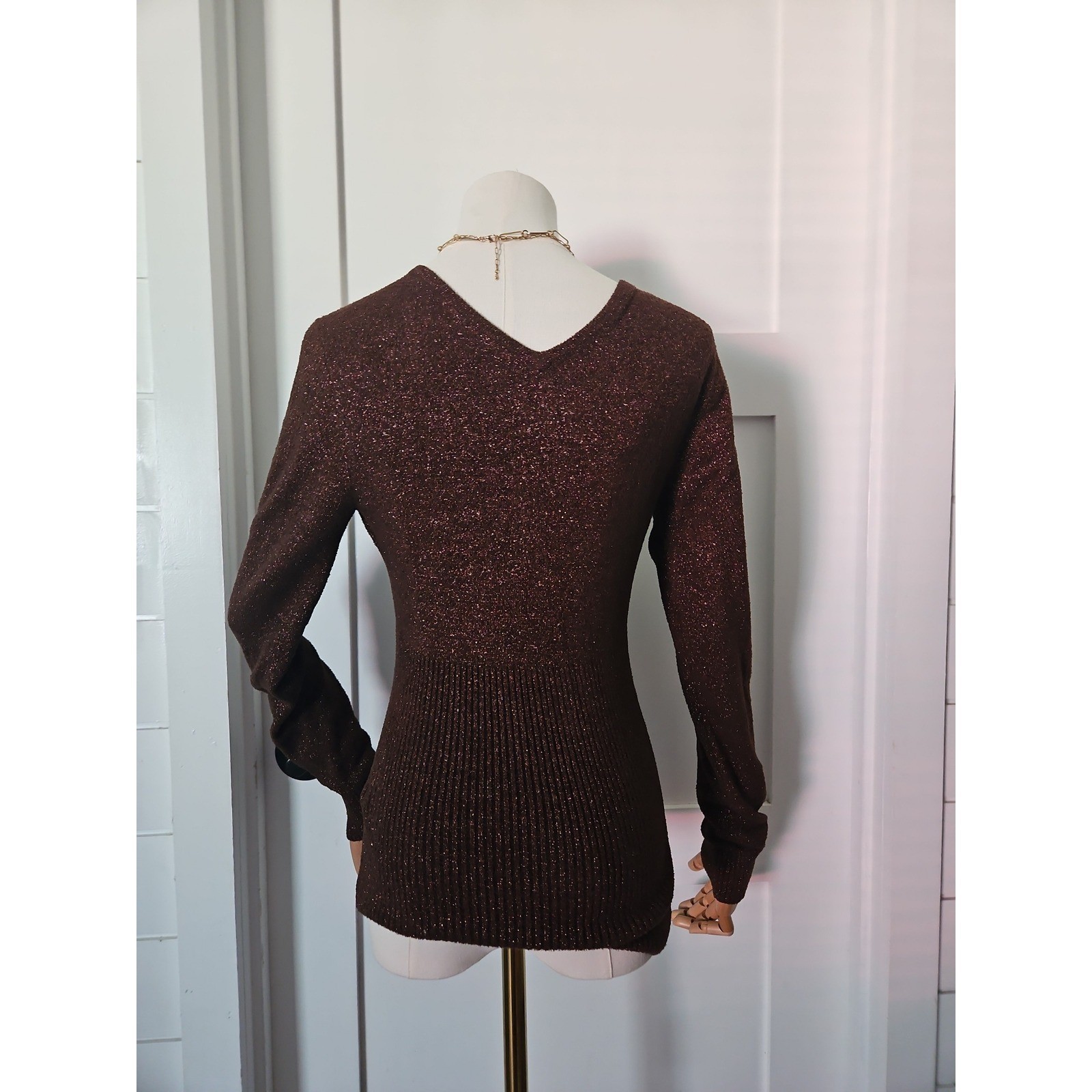 Caché Metallic Knit Top M Medium Bronze Brown Glitter Shimmer Wrap Sweater VTG