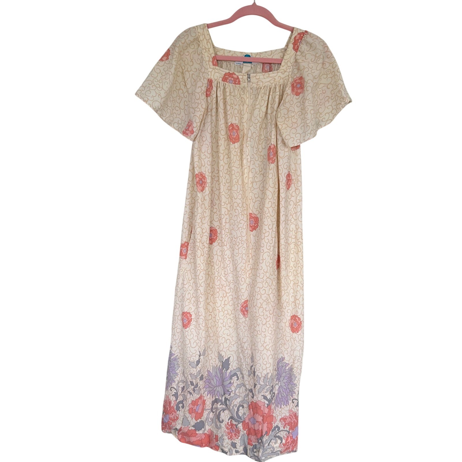 Sears Take-Along Maxi Lounger Dress Womens M Cream Floral Vintage 70s Zip Front