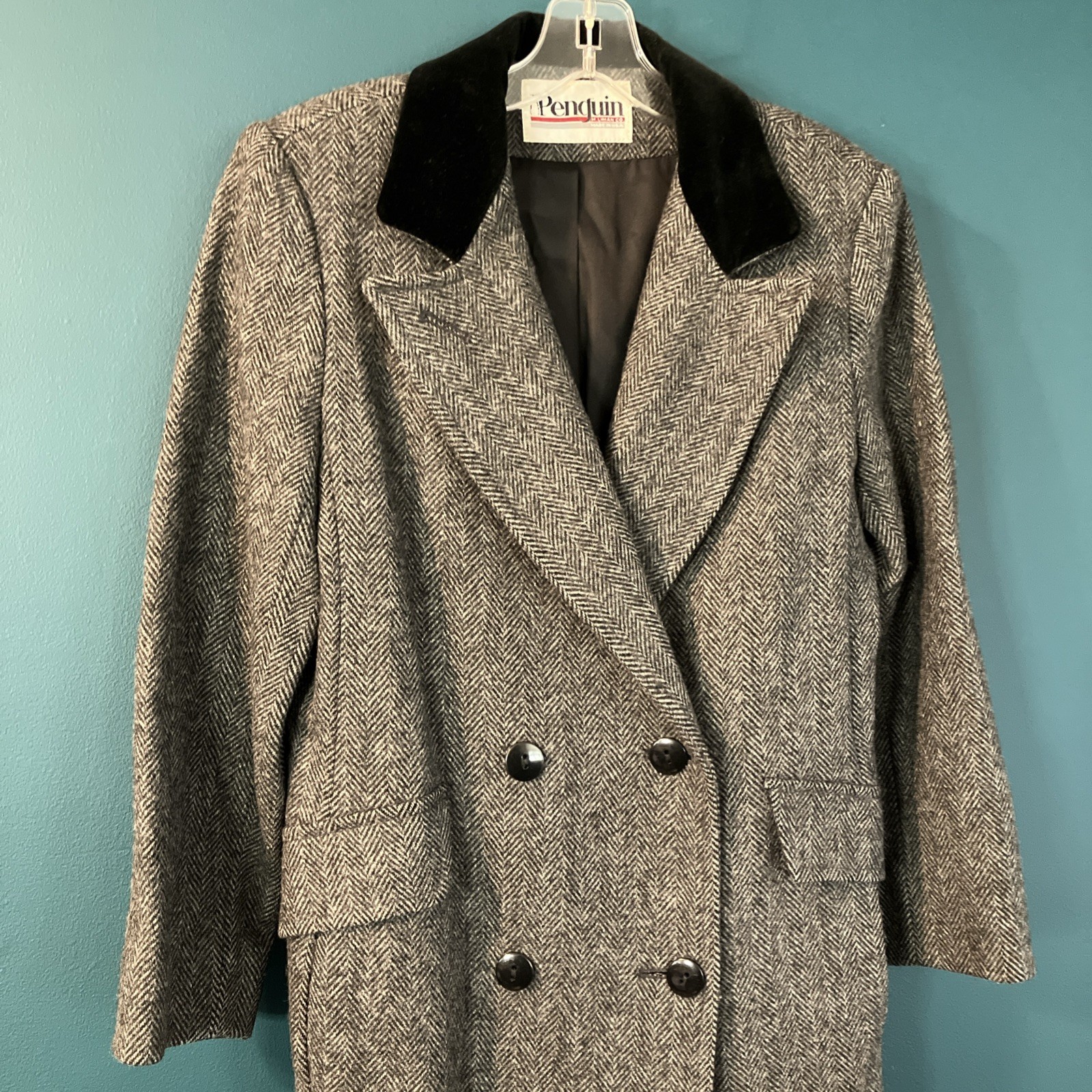 VTG Penguin M. Liman Co. Long Wool Herringbone Coat Womens 6 Velvet Collar EUC