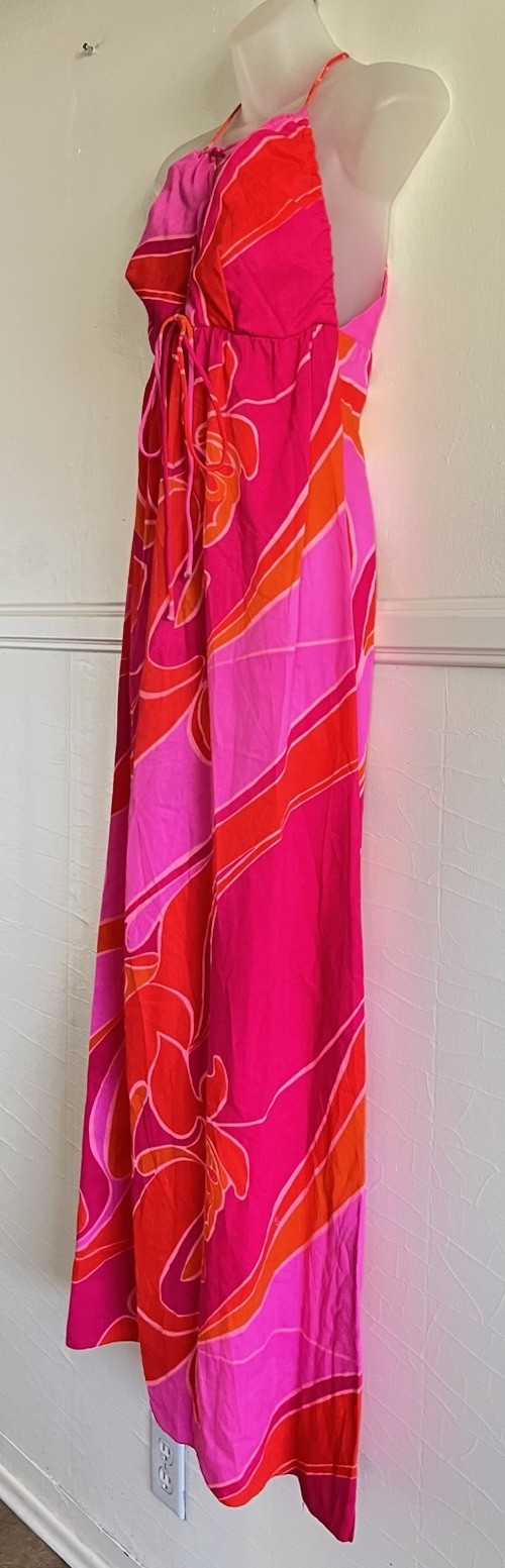 Vtg 1970s FUMI&rsquo;S At WAIKIKI Floral Pink Orange Bark Cloth Hawaiian Maxi Dress 10