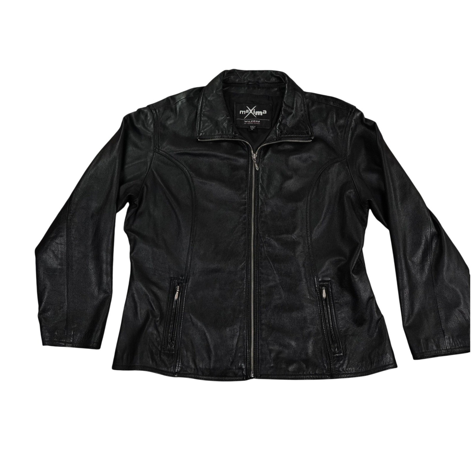 VTG Wilsons Maxima Black Leather Moto Jacket Womens XL Full Zip 90s Biker Style