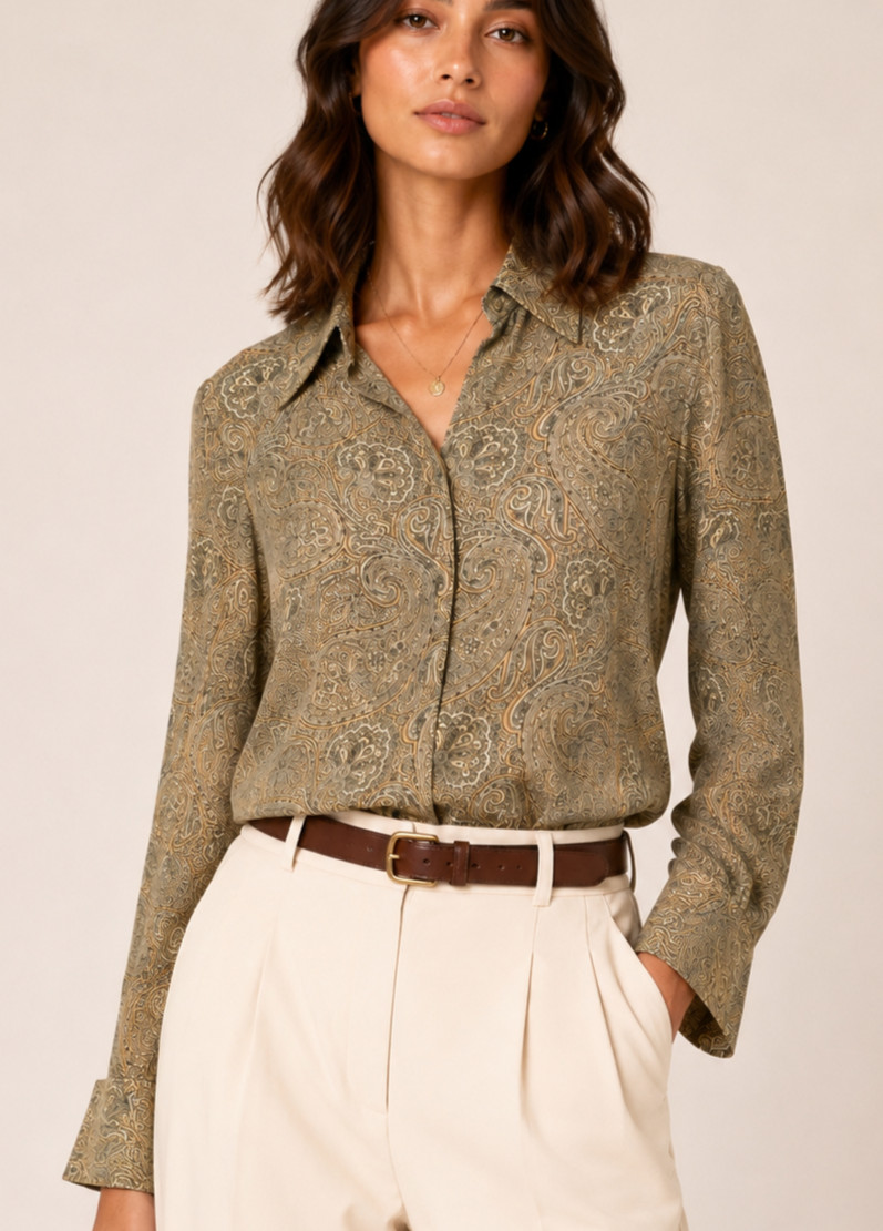 Vintage Paisley Silk Button-Down Blouse Women SZ 12 Long Sleeve French Cuff Boho