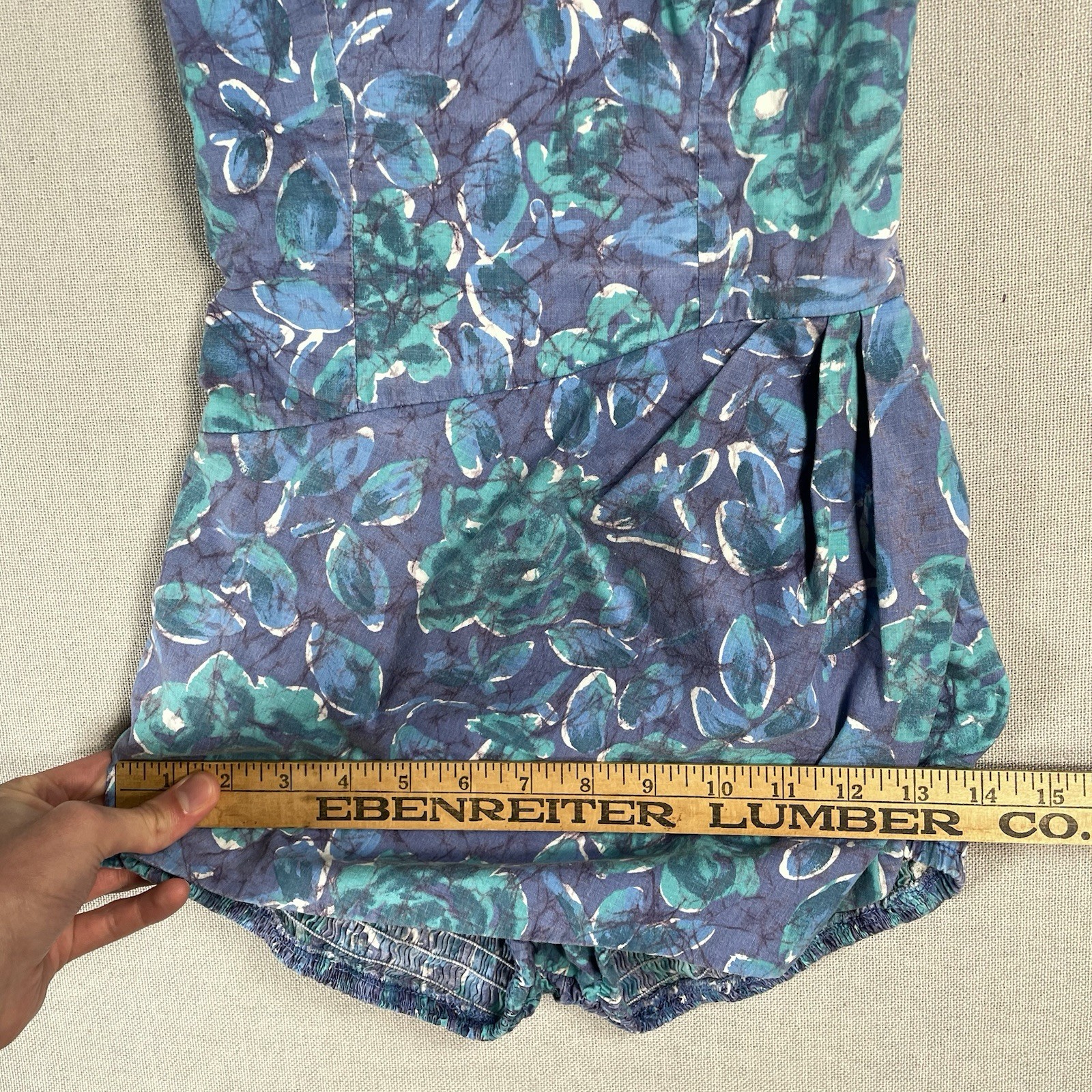 VINTAGE 50s Cotton One Piece Bathing Swimsuit Womens XS Blue Floral Pinup