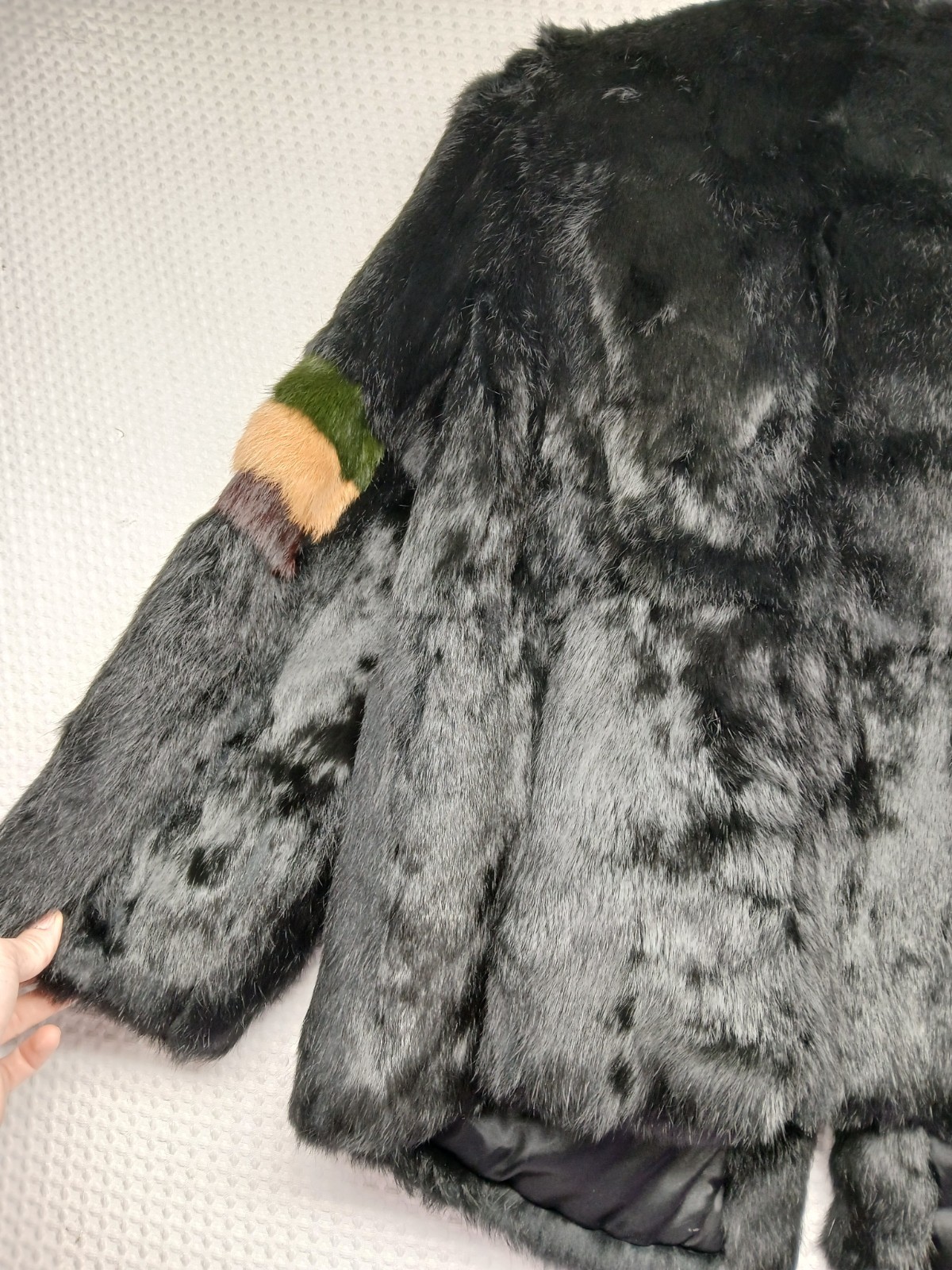 VINTAGE MULTICOLOR GENUINE RABBIT FUR SATIN LINING COAT WOMEN’S L FREE SHIP NICE