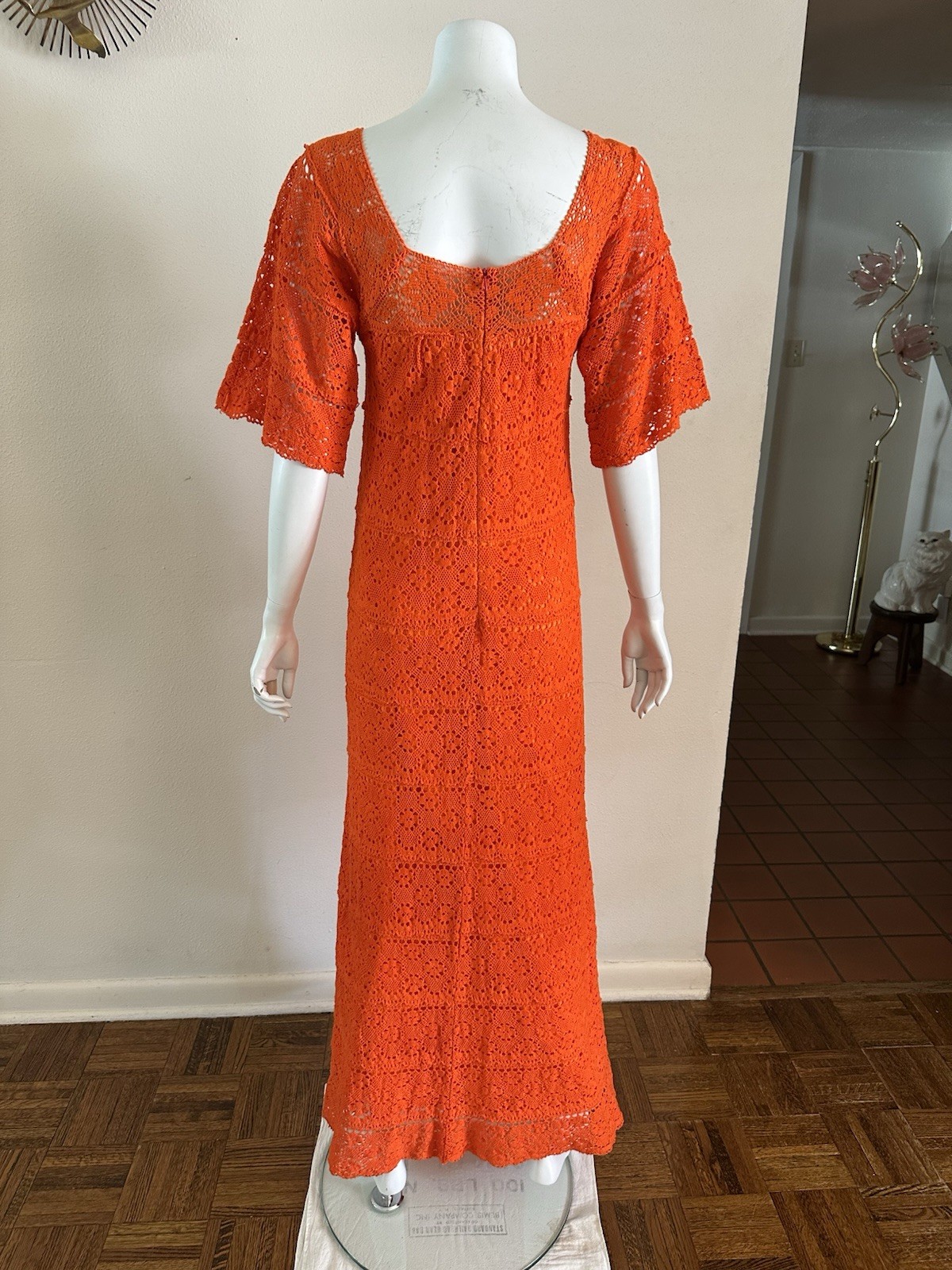 1970s Mexican Crochet Lace Maxi Dress Orange Cotton Boho Huipil XS S Vintage