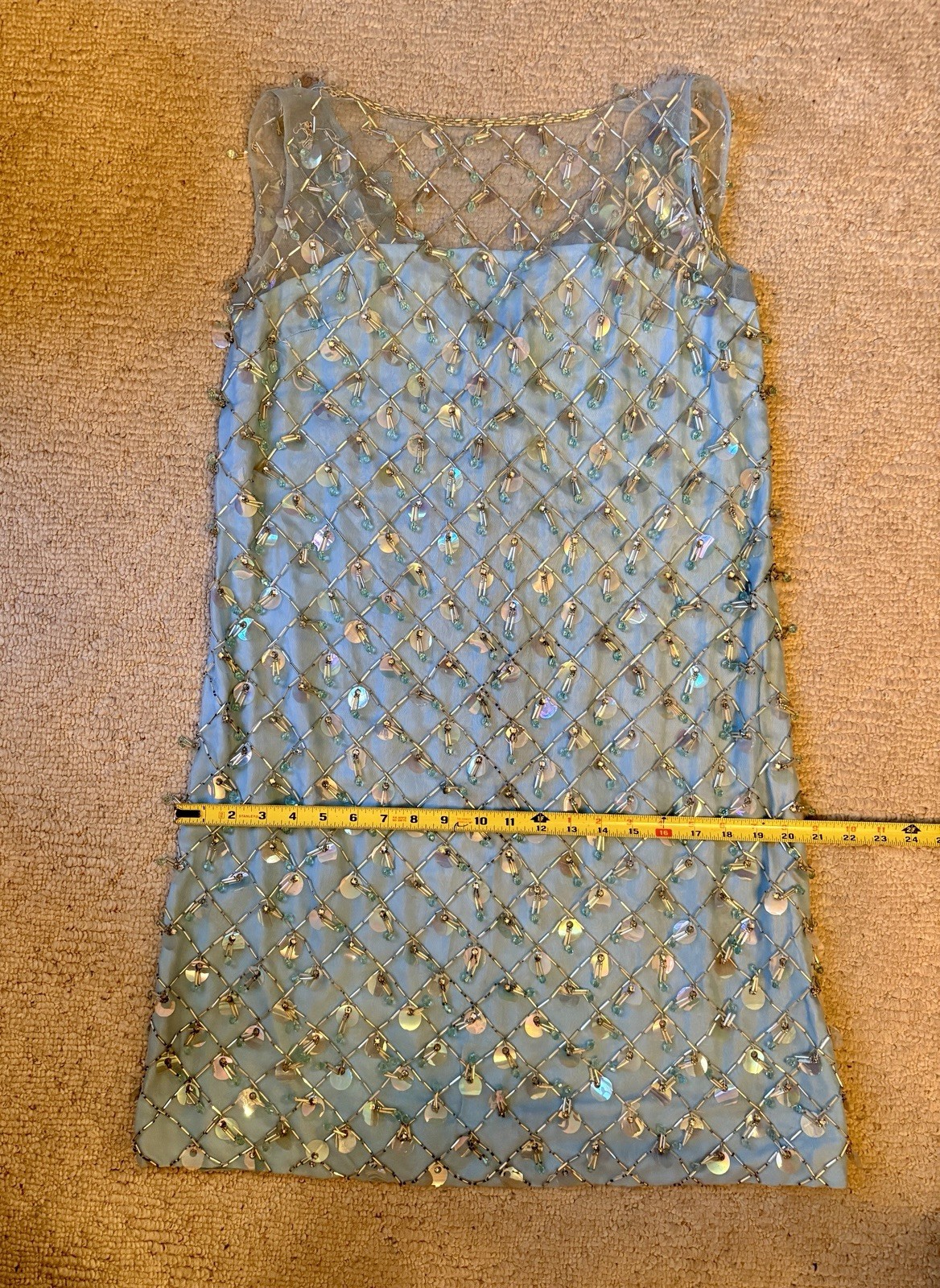 Vintage Blue Sleeveless Sequin Beaded Mesh Shift Dress Cocktail Eveningwear 10