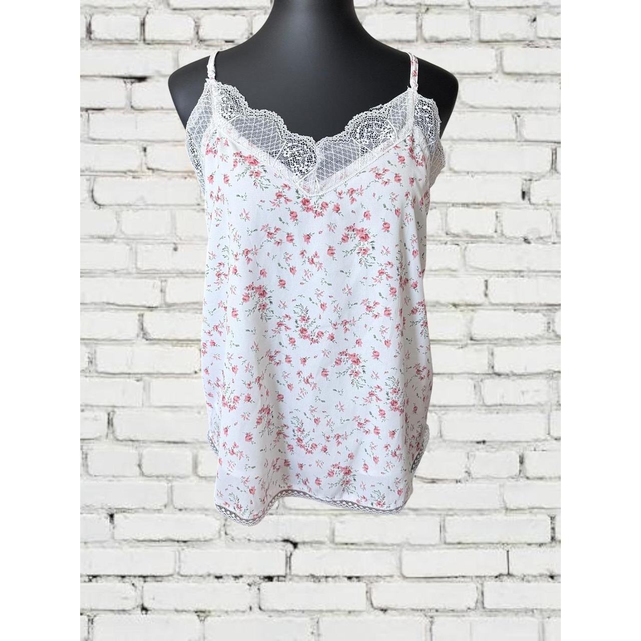 Heyson Cami Top Womens Small White Pink Floral Lace Trim V-Neck Adjustable Strap