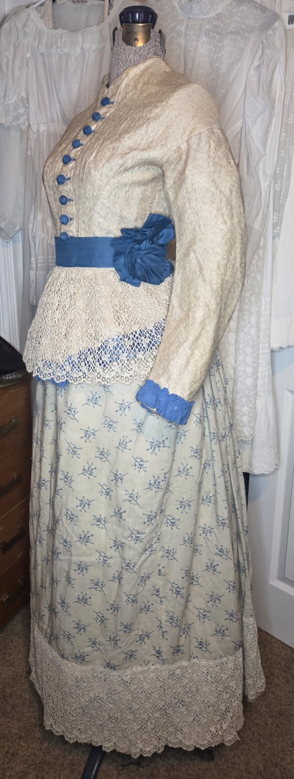 1850s Victorian 4pc Beige/Teal Cotton Blend Visiting Dress w/ Peplum & Lace Belt