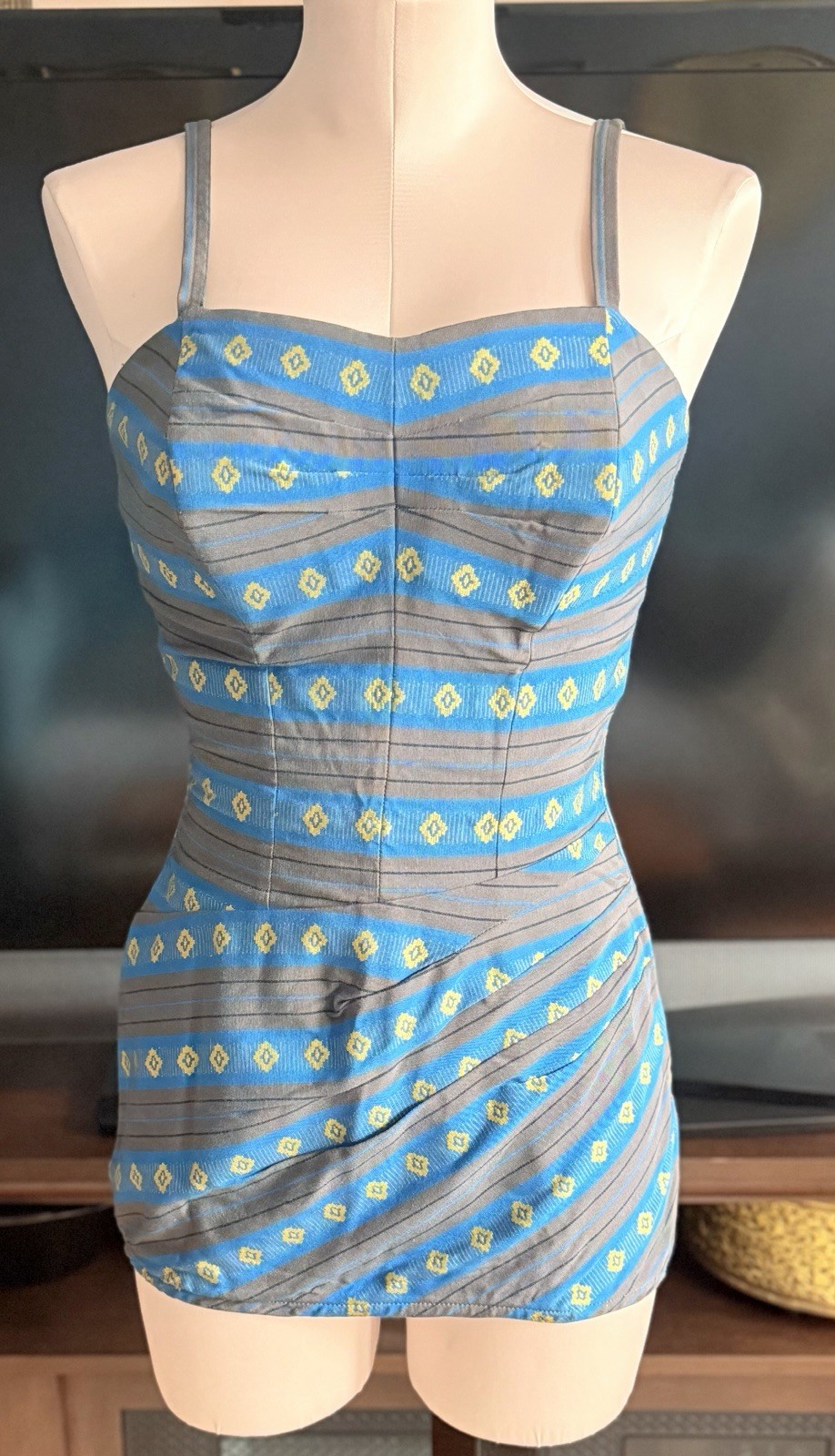 VTG 50’s-60’s Pinup Style Marina Del Mar Bathing Suit Blue, Gray, Yellow READ