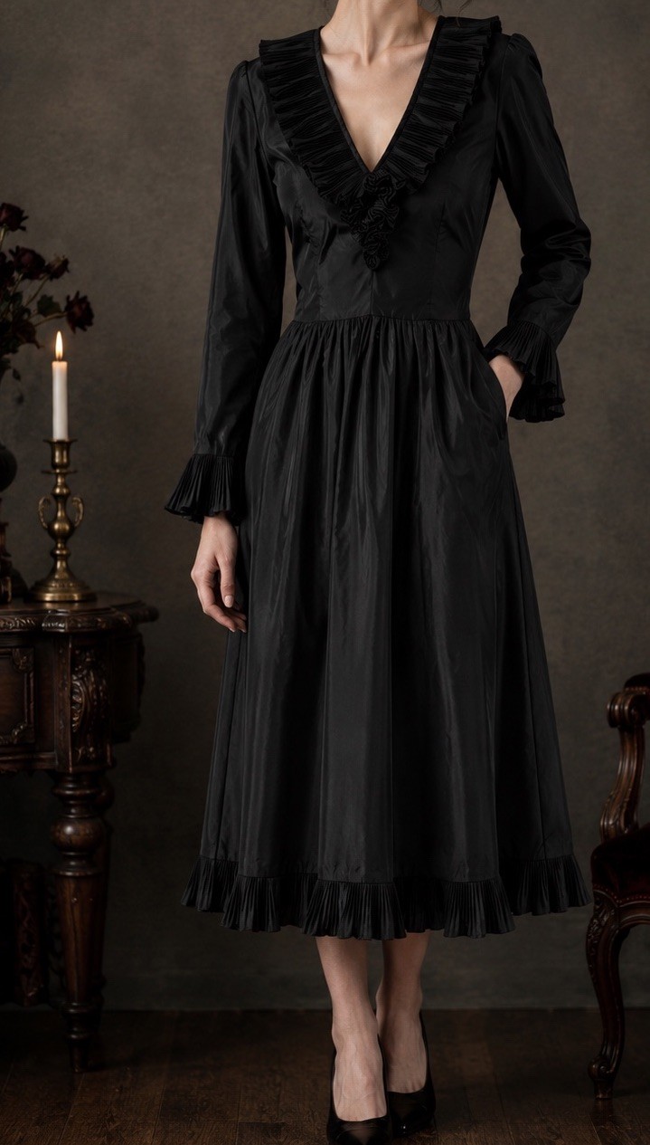 Vtg Victor Costa Black Gothic Victorian Silk Taffeta Midi Dress Sz 6 L/S Ruffle