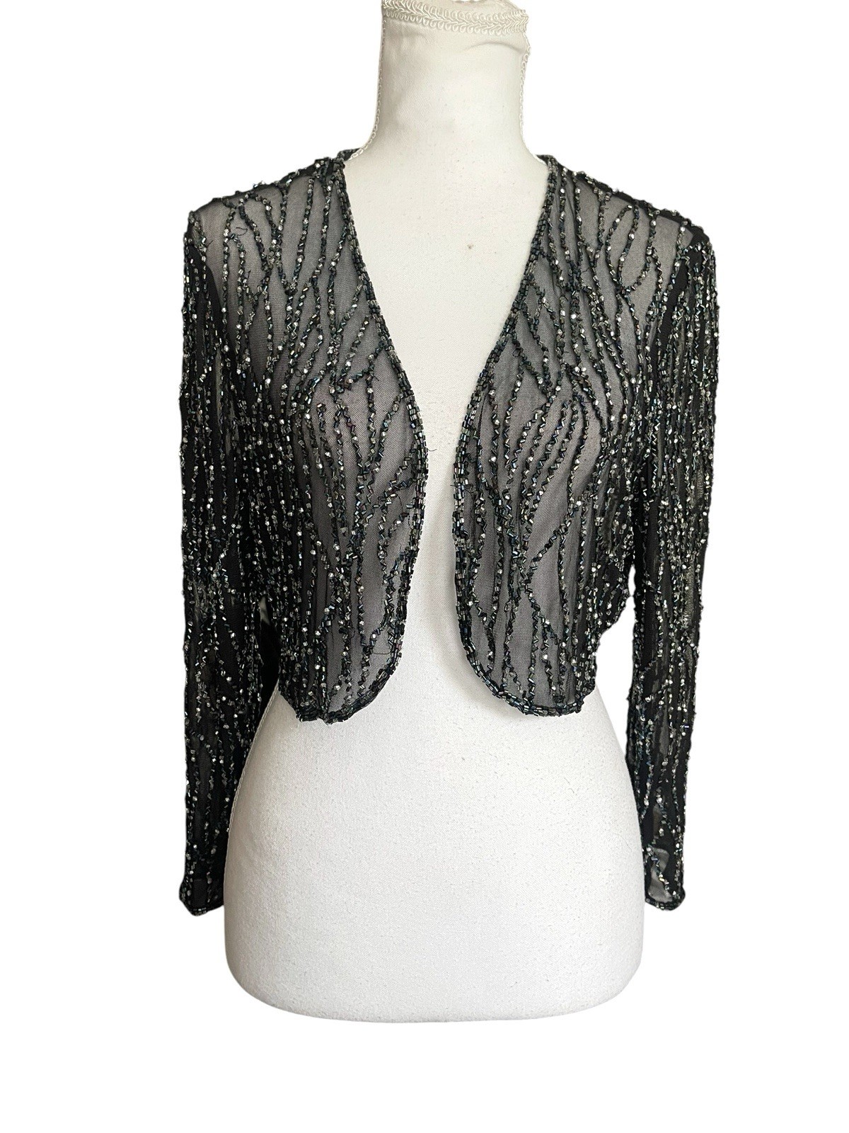 Vintage 90s Sheer Mesh Beaded Bolero Shrug Sz L Old Hollywood Glamour Whimsigoth