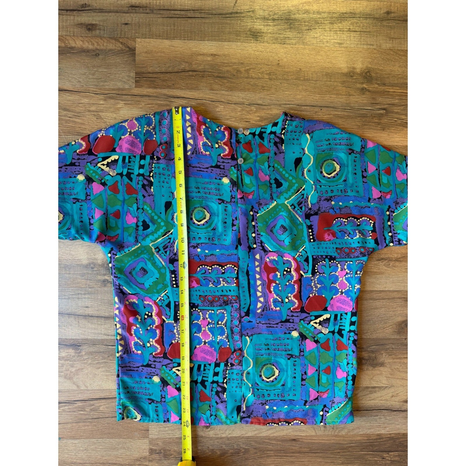 Vintage Blouse Multicolor Abstract Geometric Button Back 80s 90s Crop Top Indie