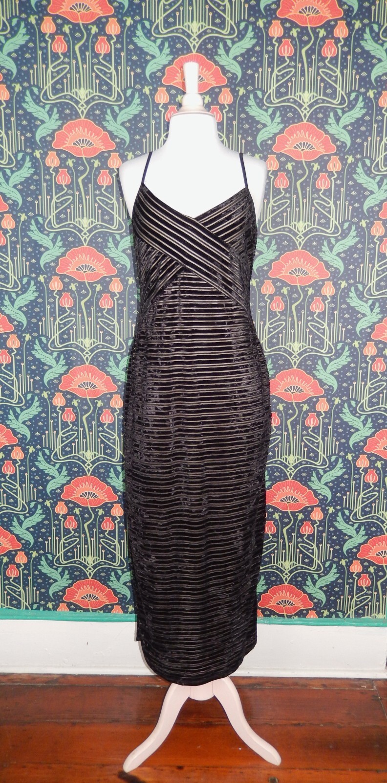 Vintage 90&rsquo;s Y2K Goth Grunge Whimsigoth Black Beige Striped Velvet Slip Dress