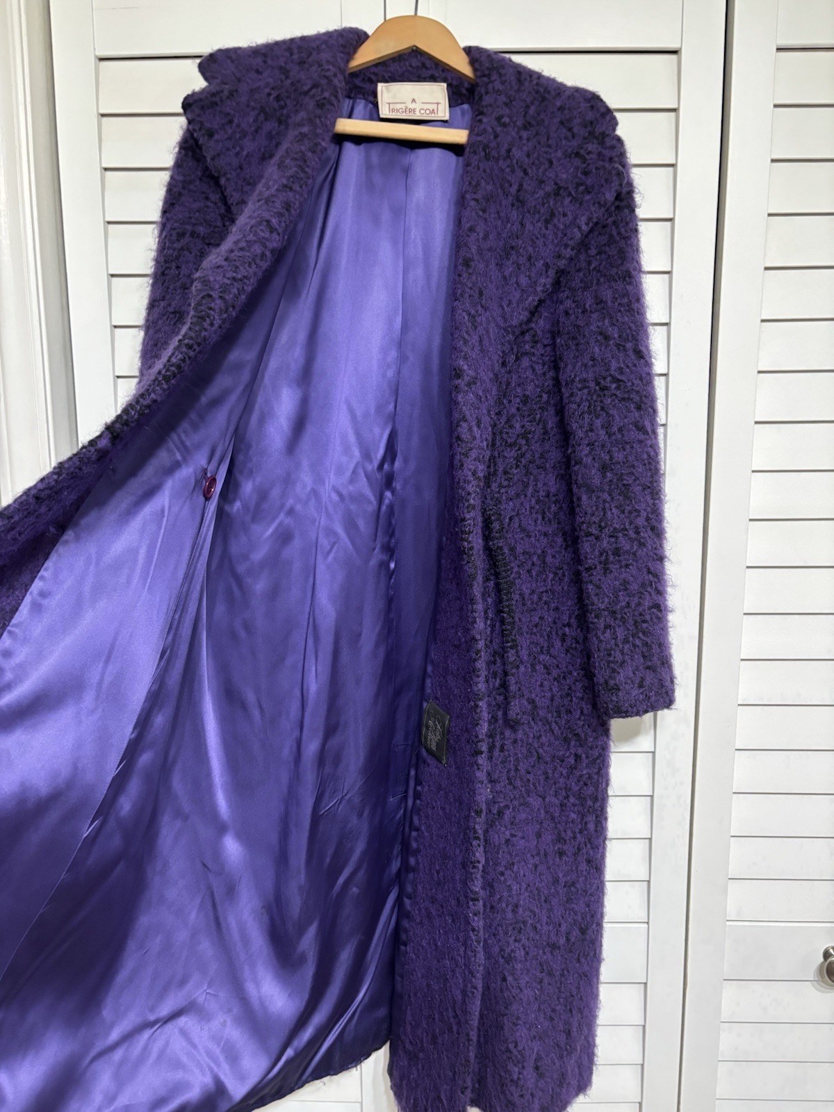 VTG Pauline Trigère Wool Blend Wrap Purple Black Coat Saks Fifth Ave Size 16