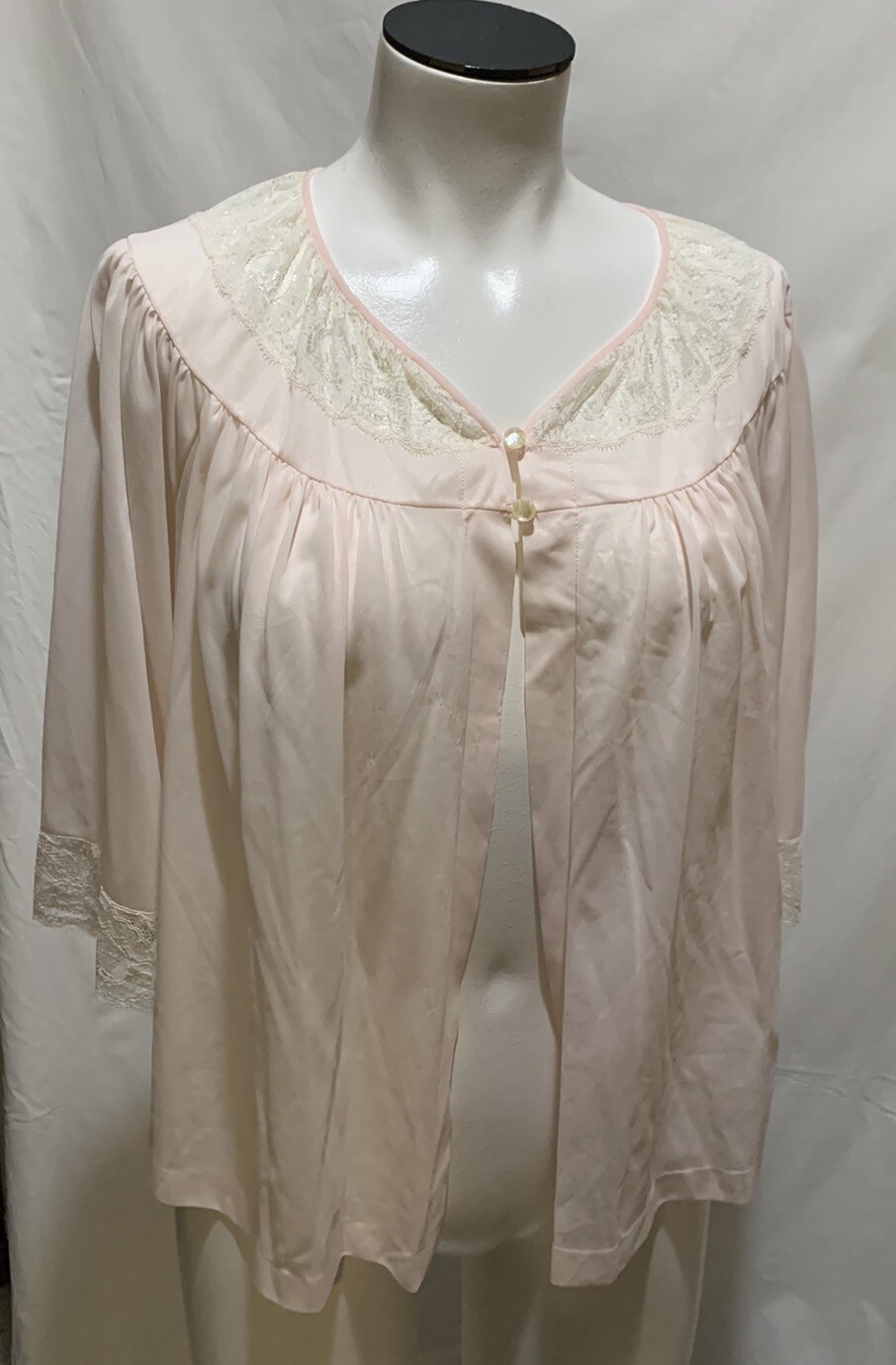 ❤️Vintage Bed Jacket M/L Pink Nylon Chiffon & Lace Mid Century 50s