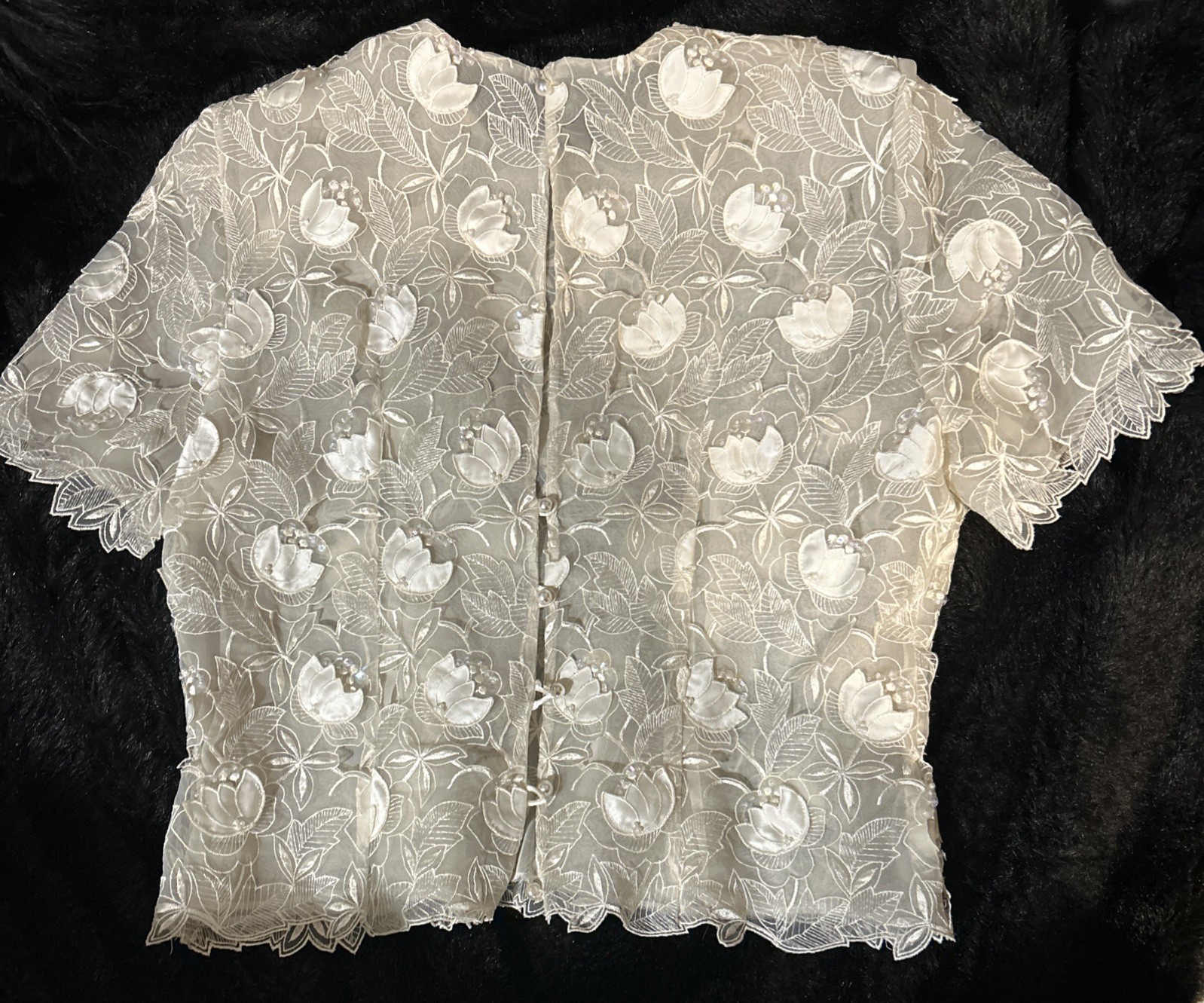 Vintage Beaded/Sequined Appliquéd Lace Top Pearl Style Buttons & Peekaboo Back