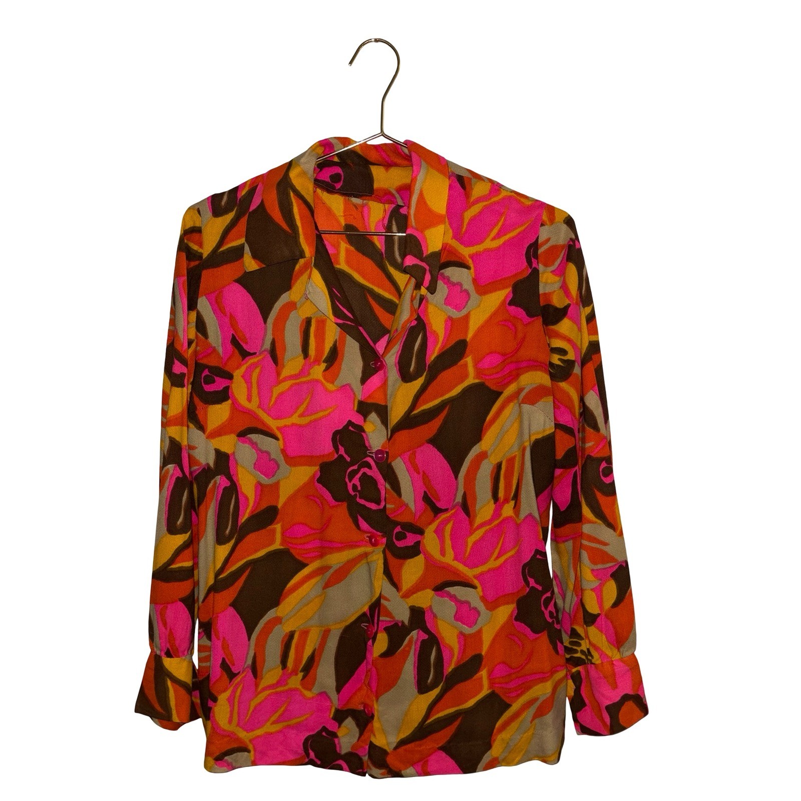 Vintage 70s Floral Blouse Pink Orange Abstract Retro Button Up Top P2P 20&Prime;