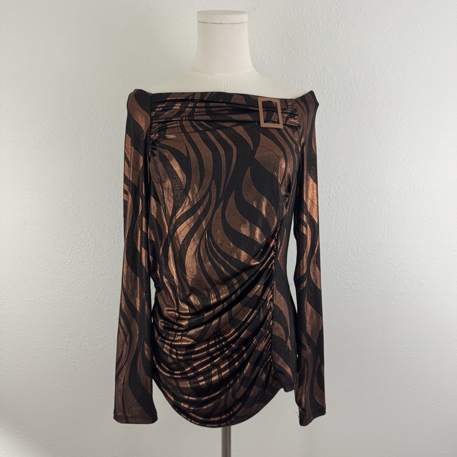 BALI Vintage 90s Brown Metallic Copper Swirl Ruched Stretchy Long Sleeve Top