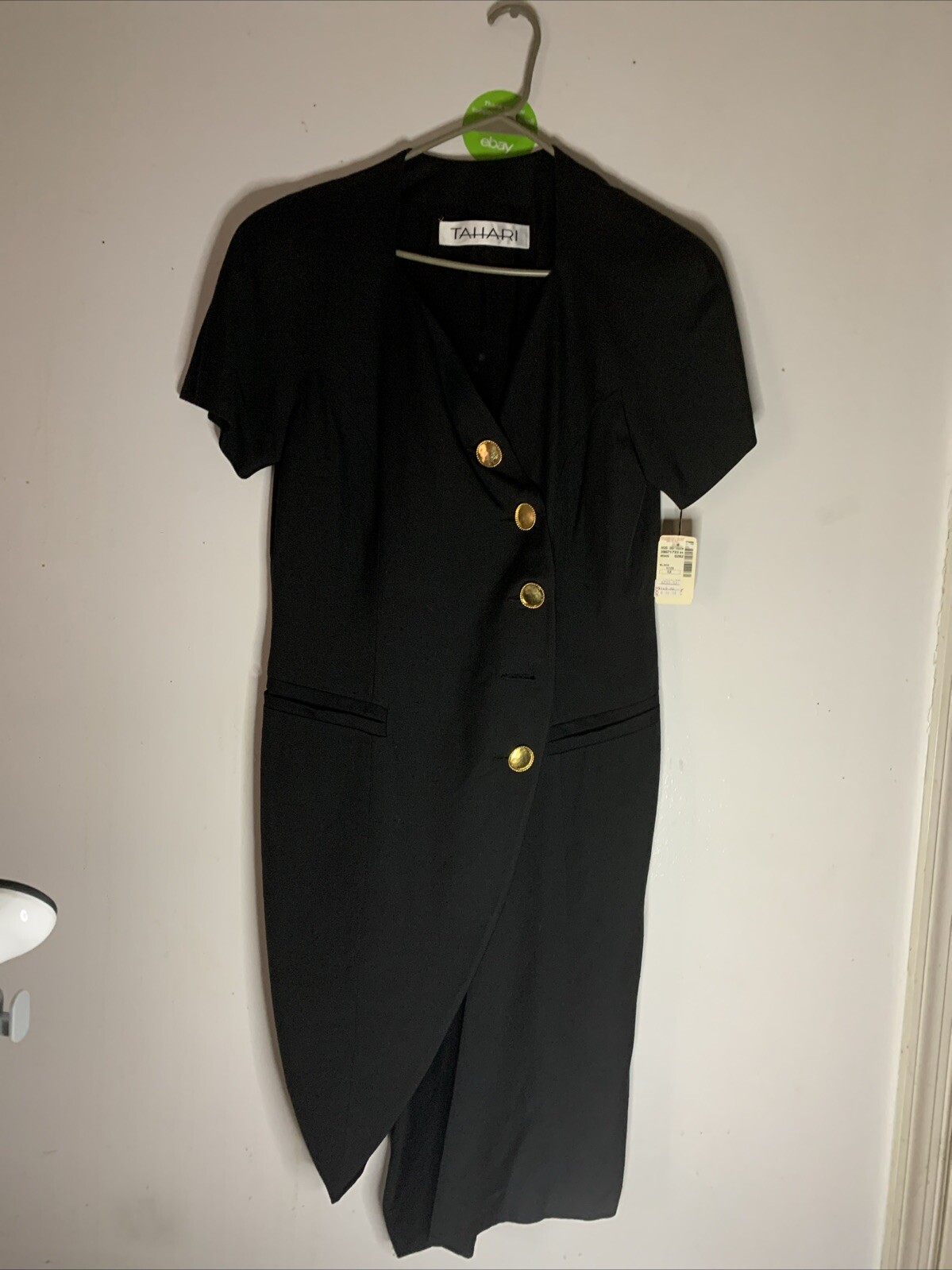 Tahari Vintage Black Sz. 12 Rayon/Silk Coat Dress Golden Button Sak 5th Ave.