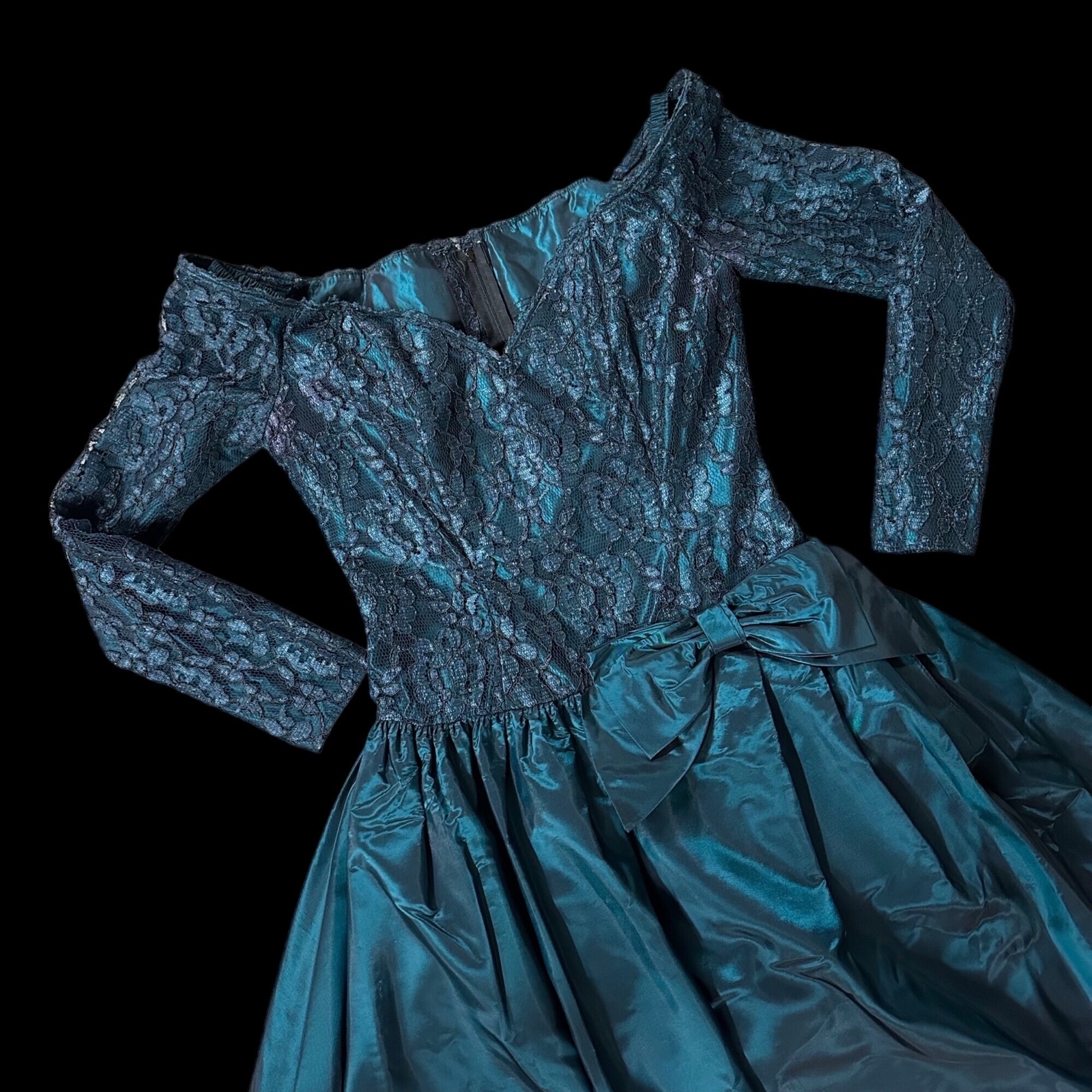 Vtg Dress 80s Dark Teal Green Lace Off Shoulder Prom Costume Formal Full Skirt