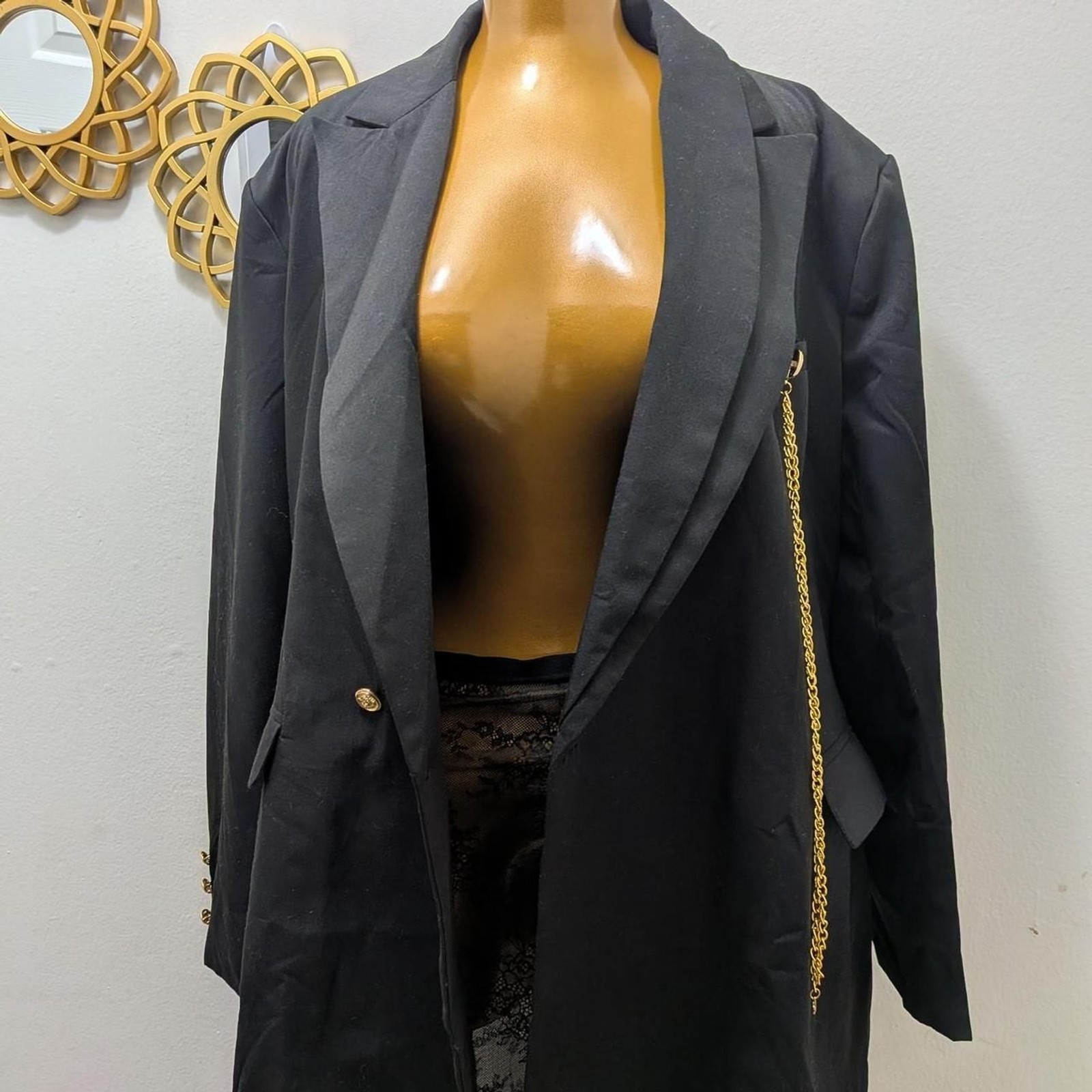 Private Customized Women&rsquo;s Black Tailored Dress Blazer with Gold Chain Details