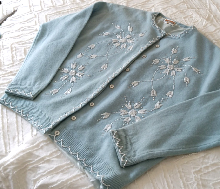 Vintage Moores Cashmere Cardigan Beaded Embroidered Powder Blue Pearl Trim Sweat