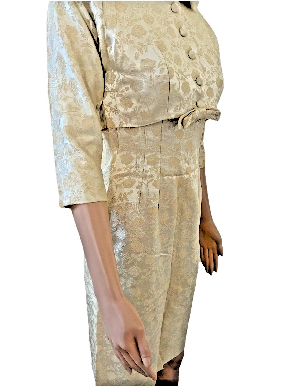 VTG 50s 2 Pc Fur Collar Crop Jacket & Ivory Damask Pencil Dress Suit Set Small**