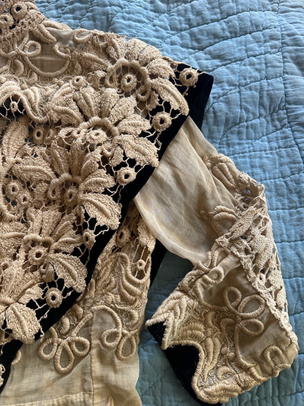 Edwardian Hand Made Irish Crochet Lace and Velvet Blouse Bodice Rare Antique