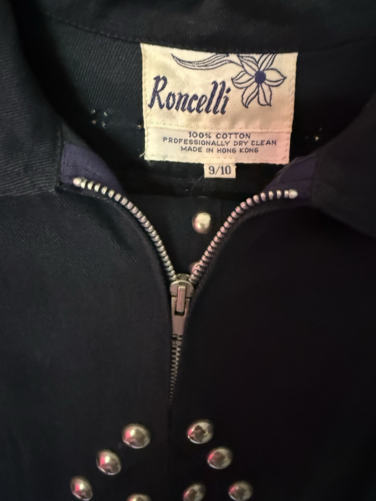 Vintage Roncelli Studded Blue Cotton 2-Piece Pant Suit Set, Size 9/10 Regular