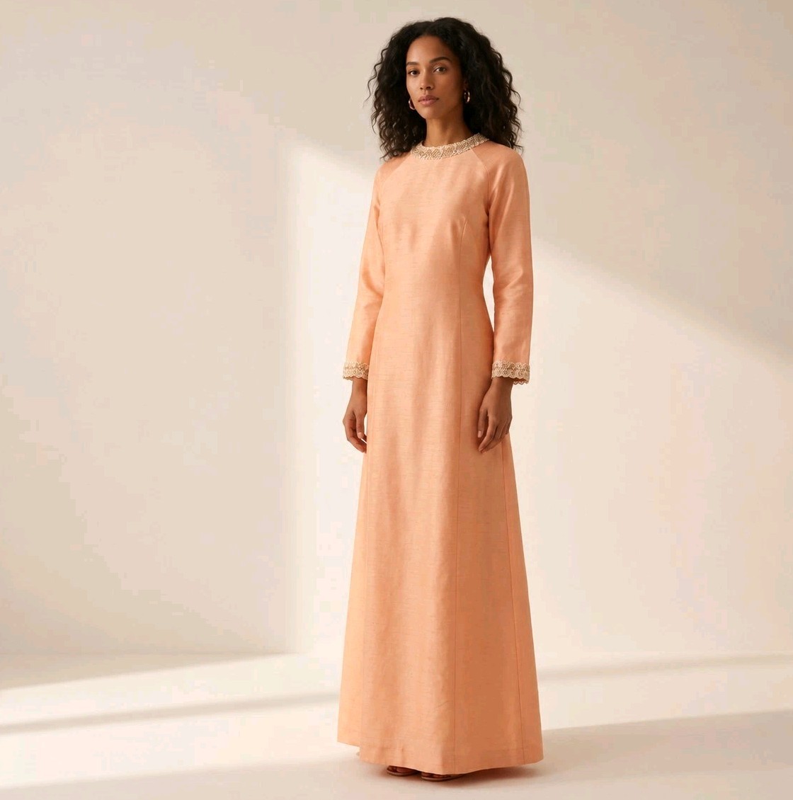 Vintage 70s Peach Maxi Silk Shantung Dress Handmade Beaded Column Size L Evening