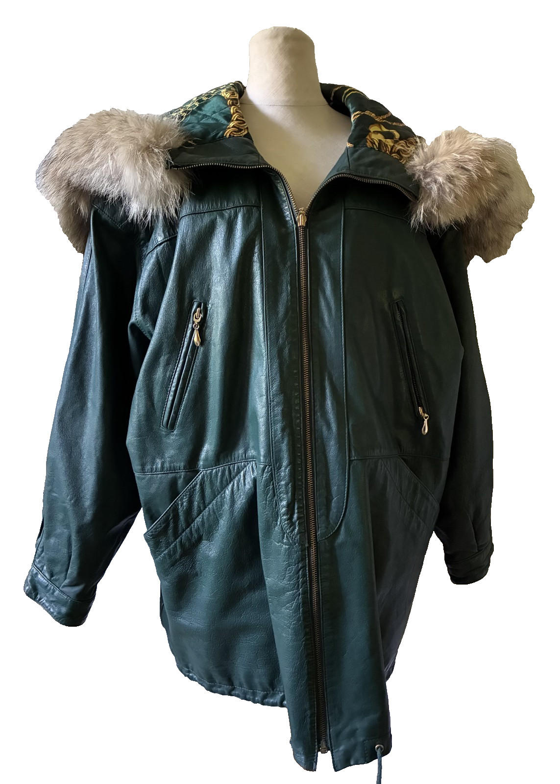 Jacqueline Ferrar Forest Green Leather Parka Coat Women&rsquo;s Large Coyote Fur Hood