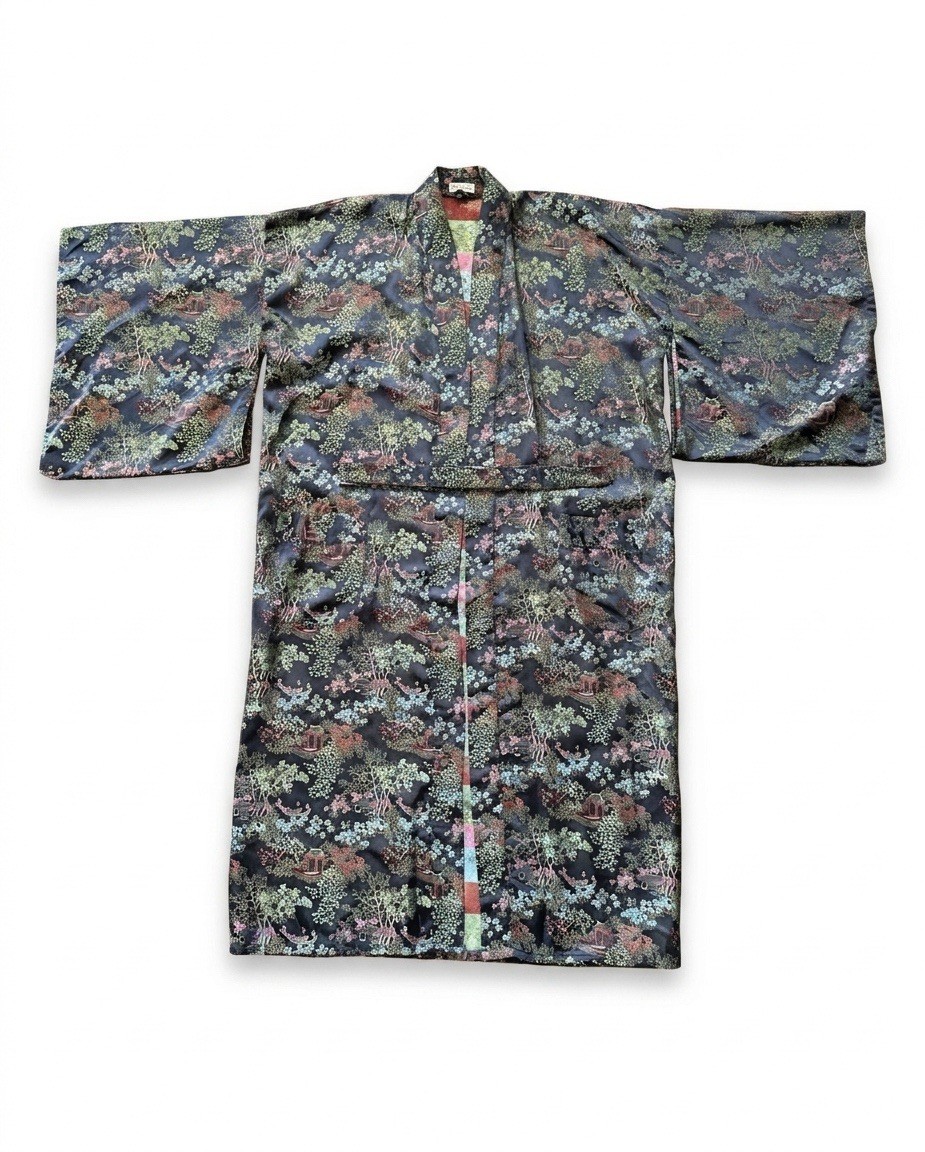 Vintage Double Peach Chinese Brocade Kimono Robe Lounge Coat Mid Century 50s 60s