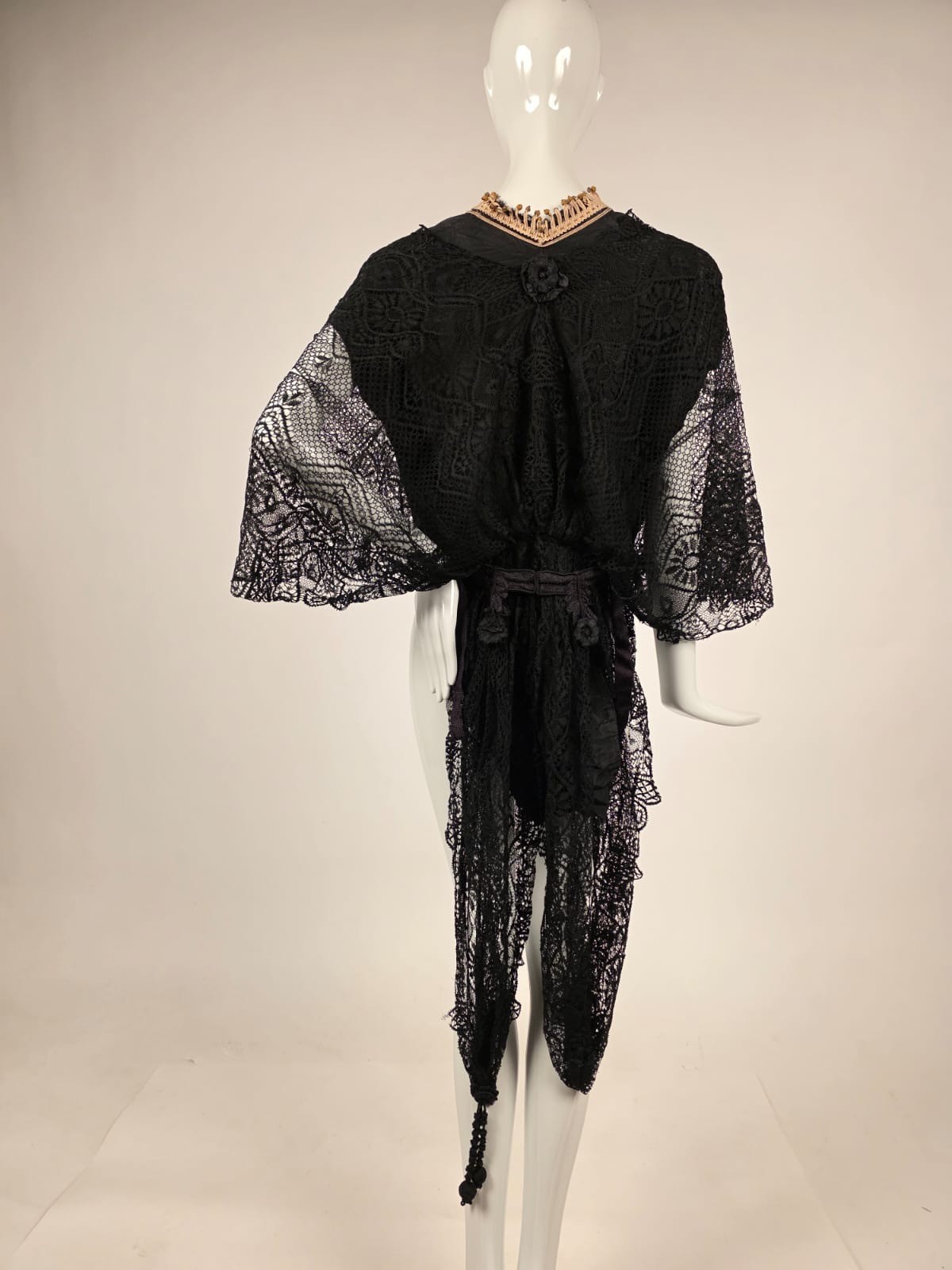 EDWARDIAN HAND MADE CLUNY LACE JACKET W LAME KNOT EDGING + BELL SLEEVES + TAILS