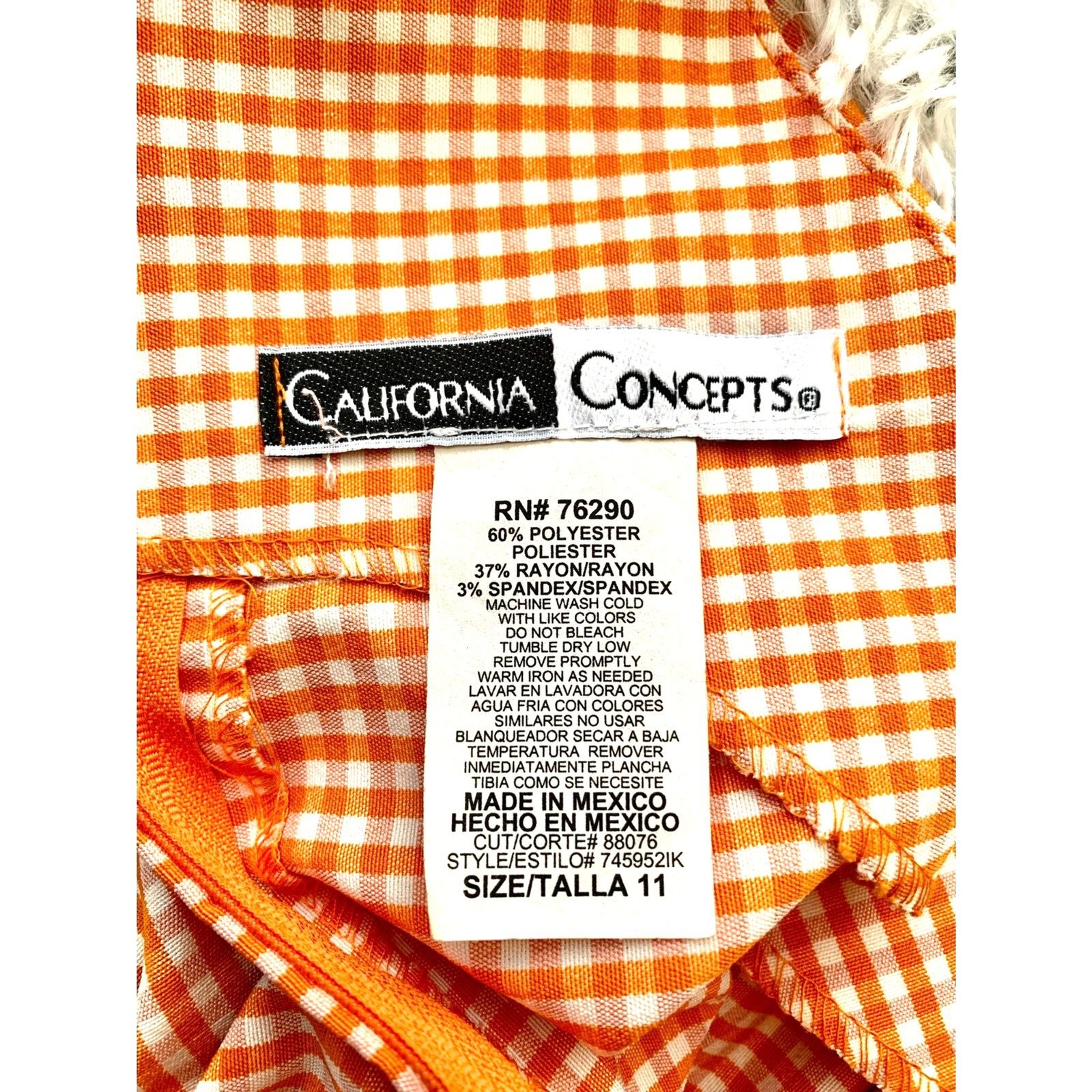 California Concepts Orange and White Checkered Vintage Dress Size 11