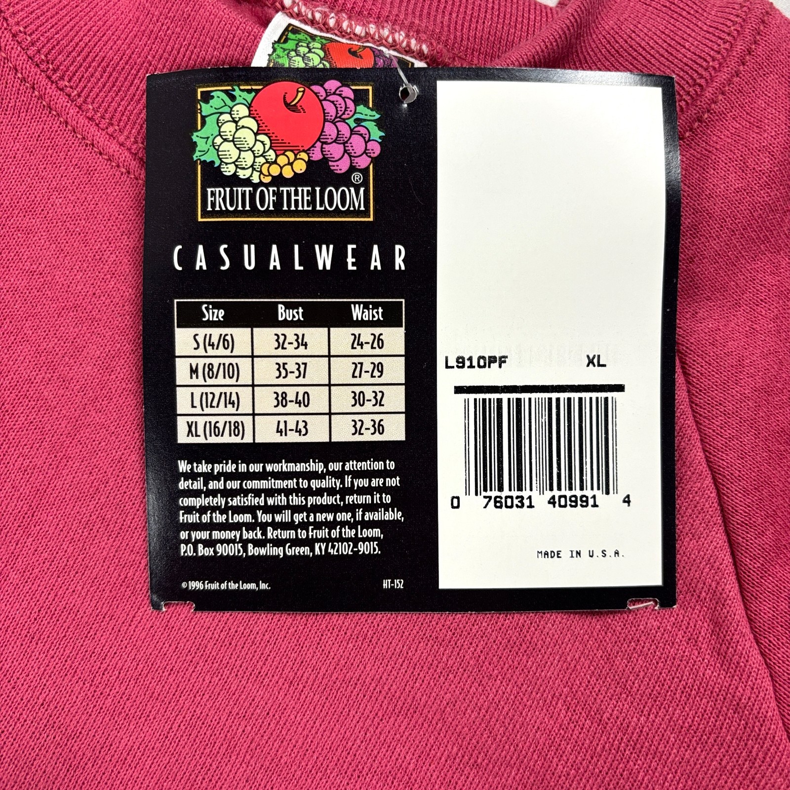 Vintage Fruit Of The Loom Womens Blank Crewneck Sweatshirt Pink Sz XL NWT USA