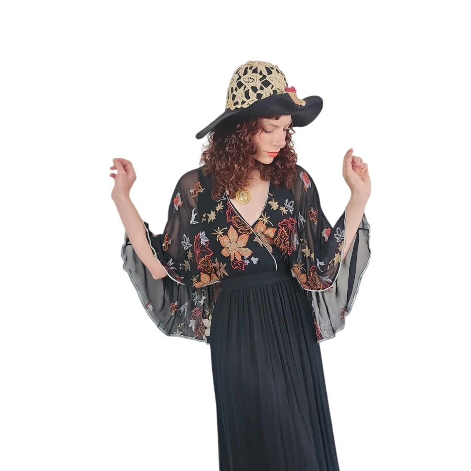 Vintage 70s Janice Wainwright Maxi Dress Embroidered Butterfly Sleeves Capelet