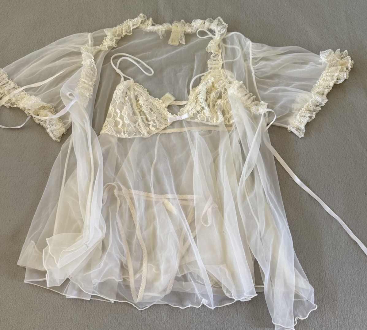 Mayela Vintage Sheer Nylon Babydoll Robe Set Ivory Lace Ruffle Boudoir Lingerie