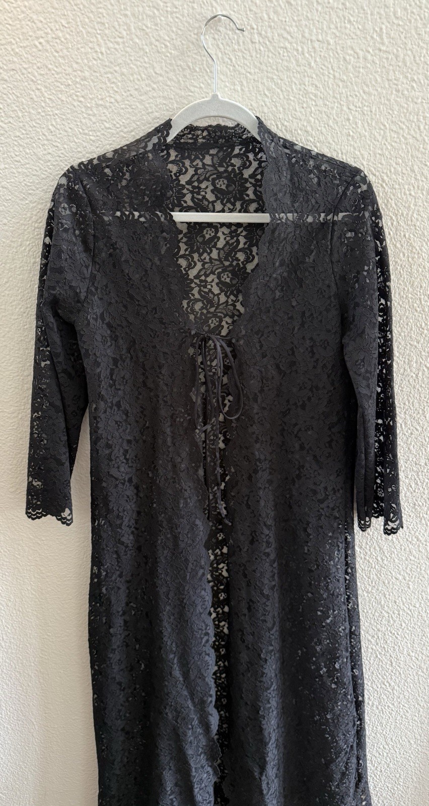 VTG Black Lace Robe Lingerie Miss Elaine Duster Union Made USA Whimsigoth S/M