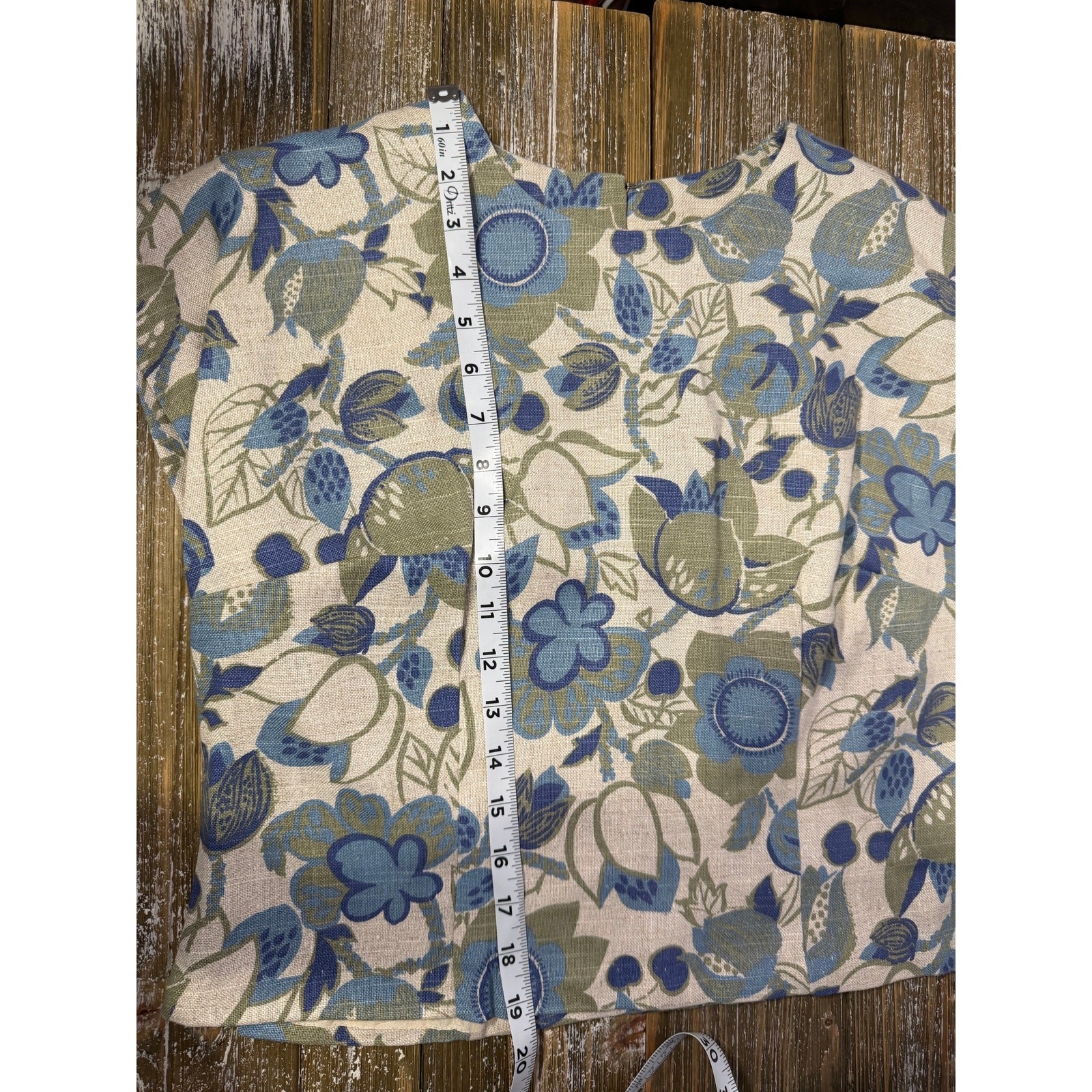 Vintage Linen Cropped Jacket Blouse Set Floral Cottagecore Boho 60s Mod Blue M/L