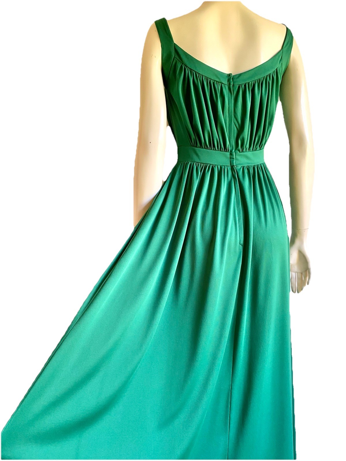 Vintage 70s GREEN Grecian Goddess Dress Maxi Roman Shawl Disco Gown 1970s