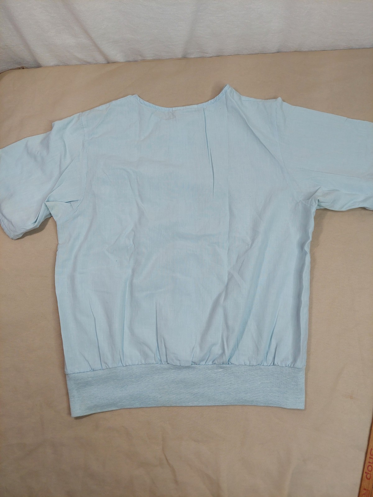 Vintage 80s Blue Blouson Blouse Buttons Banded Hem Dolman Sleeve Minimalist M