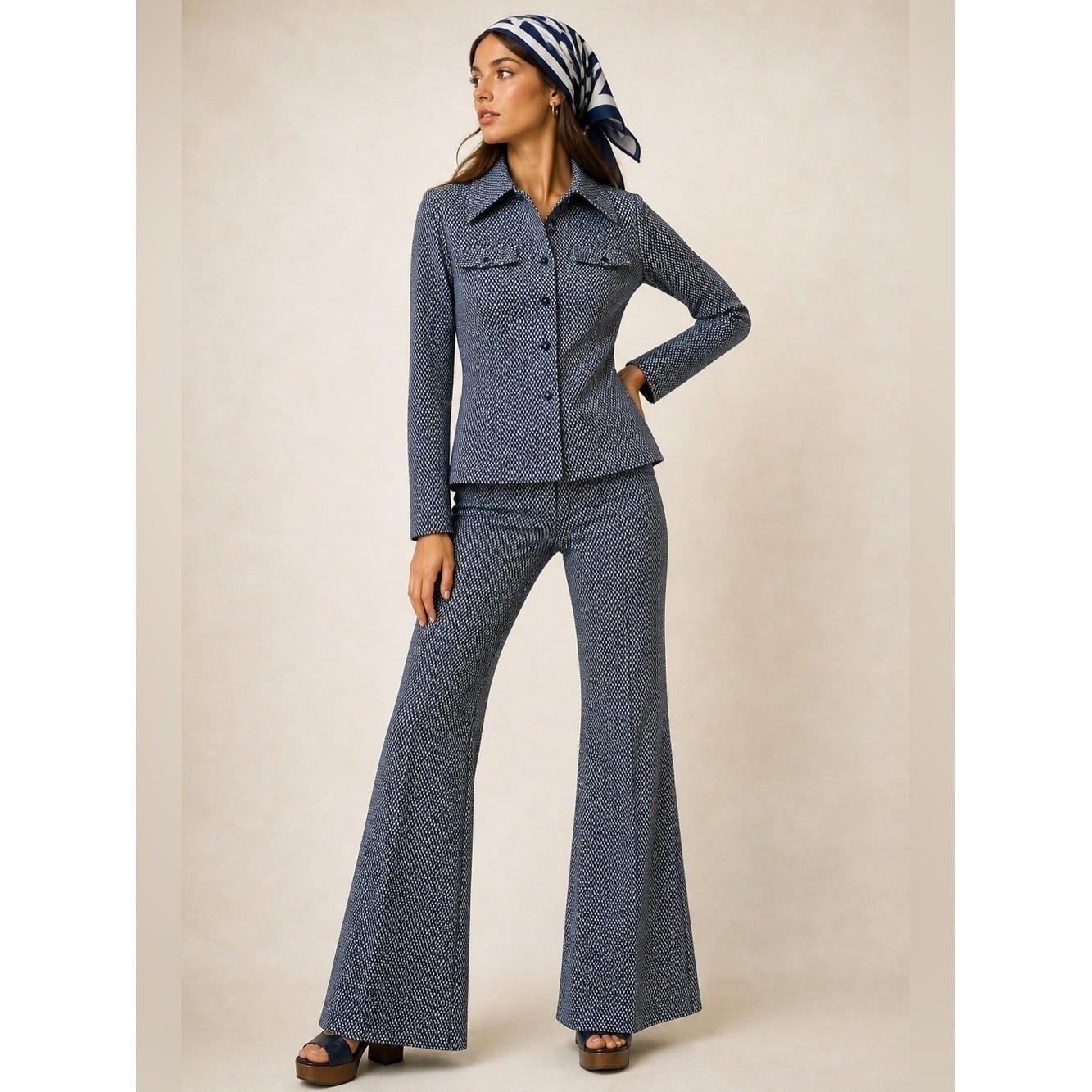 Vintage 70s Geometric Pant Suit Set High Waist Flare M