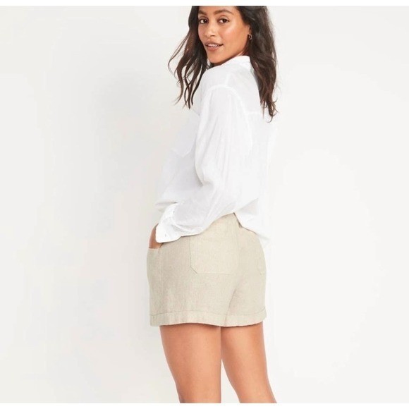 Old Navy Linen Blend Shorts Large Beige High Rise Elastic Waist Drawstring