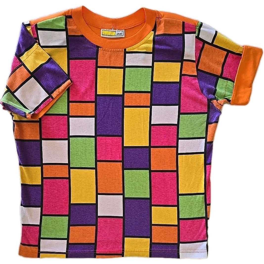 Vintage 1980&rsquo;s Traffic Jam Colorblock Shirt with Shoulder Pads Neon Colorful