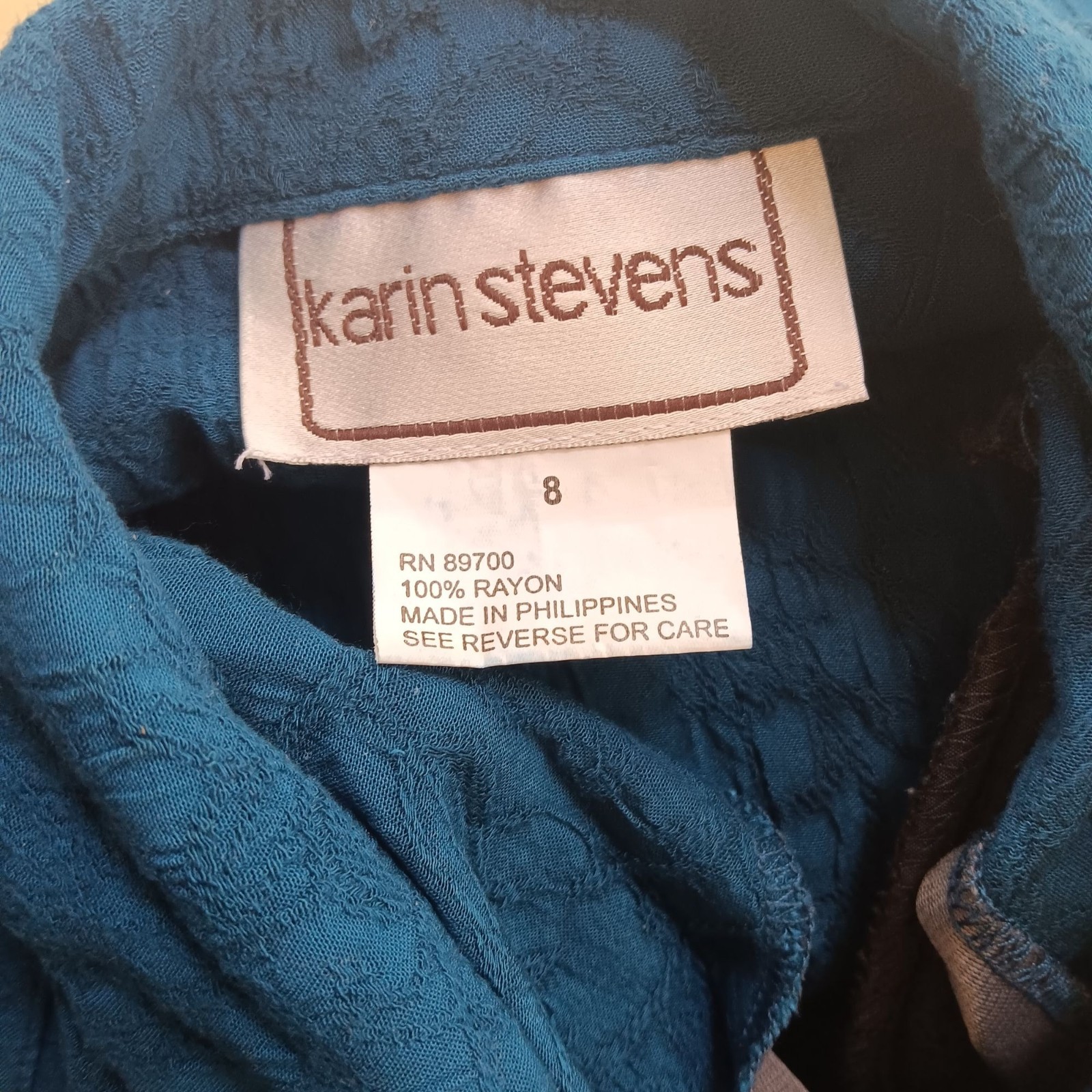 Vintage Karin Stevens sz 8 Blue Blouse Textured Rayon Shell Buttons Padded 90&rsquo;s