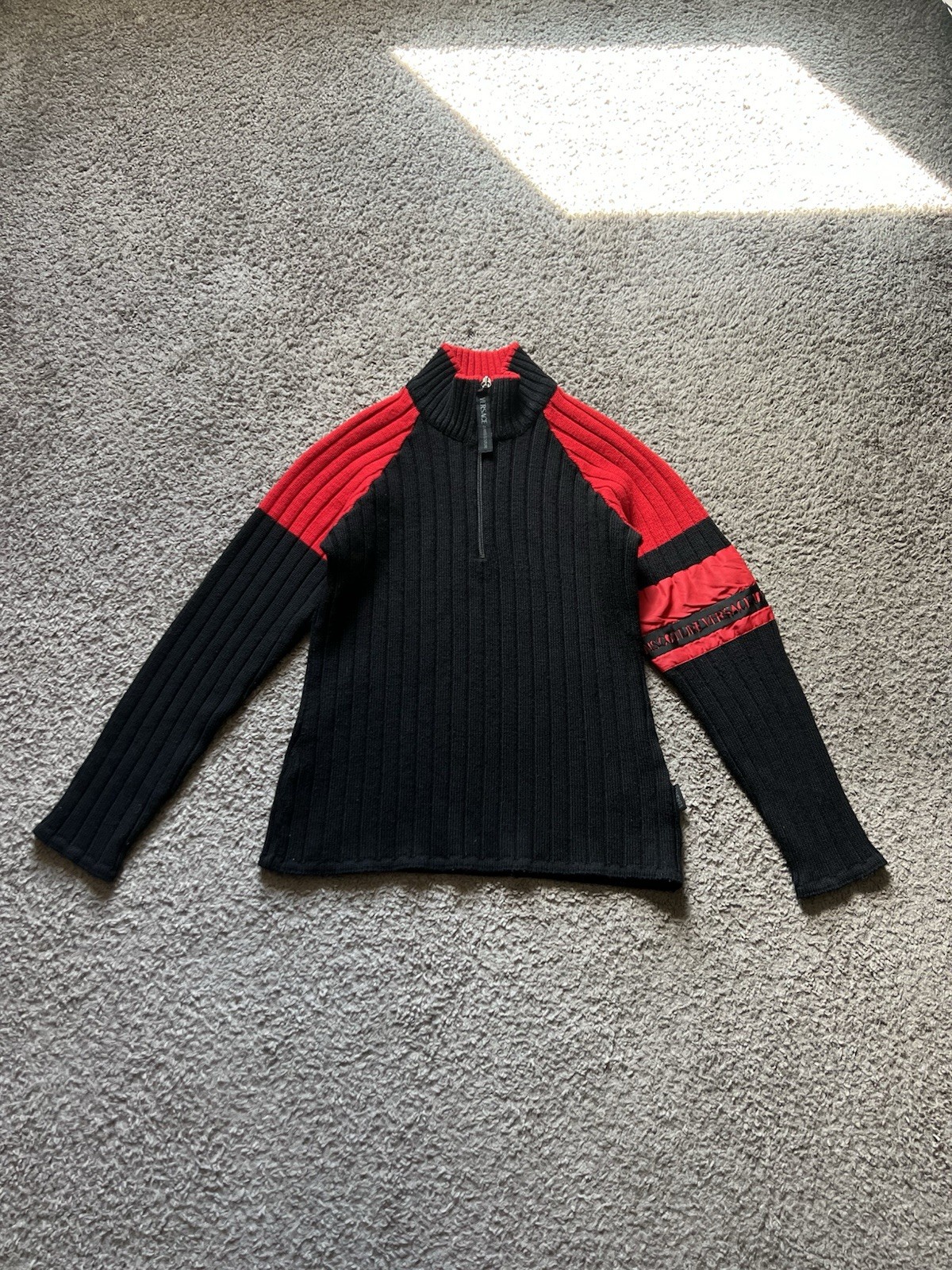 Vintage Versace Sweater Medium Knit Red Black High Neck Ribbed Couture Y2K 90s