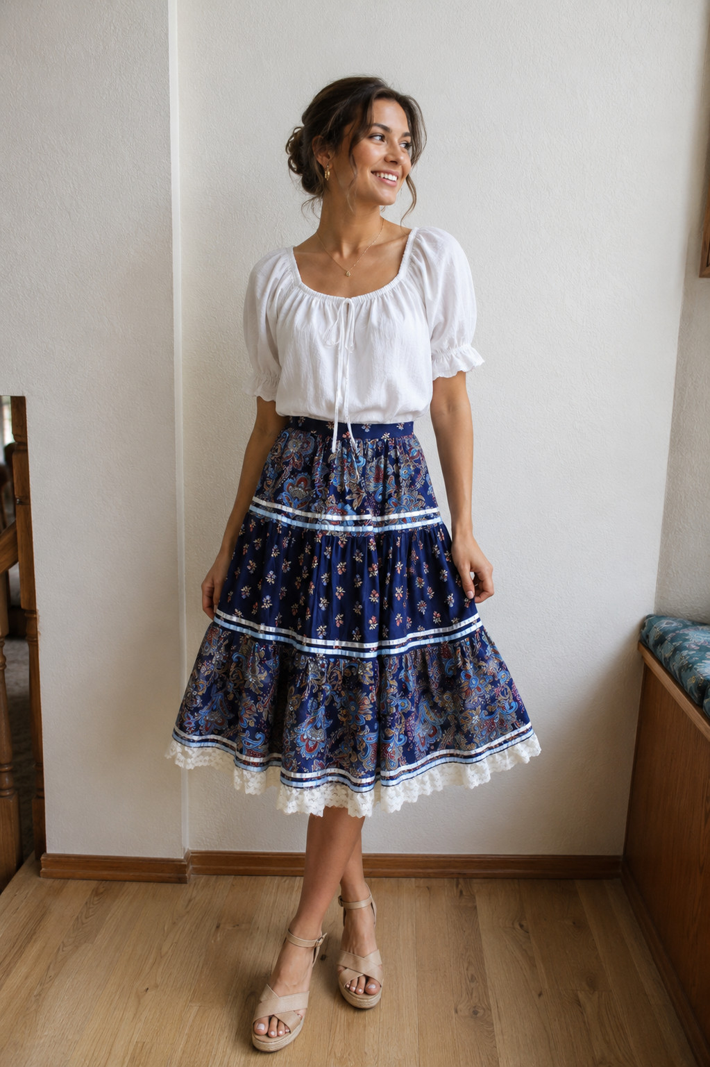 Vintage 70&rsquo;s Full Midi Prairie Peasant Skirt 26&Prime; waist Lace hem S