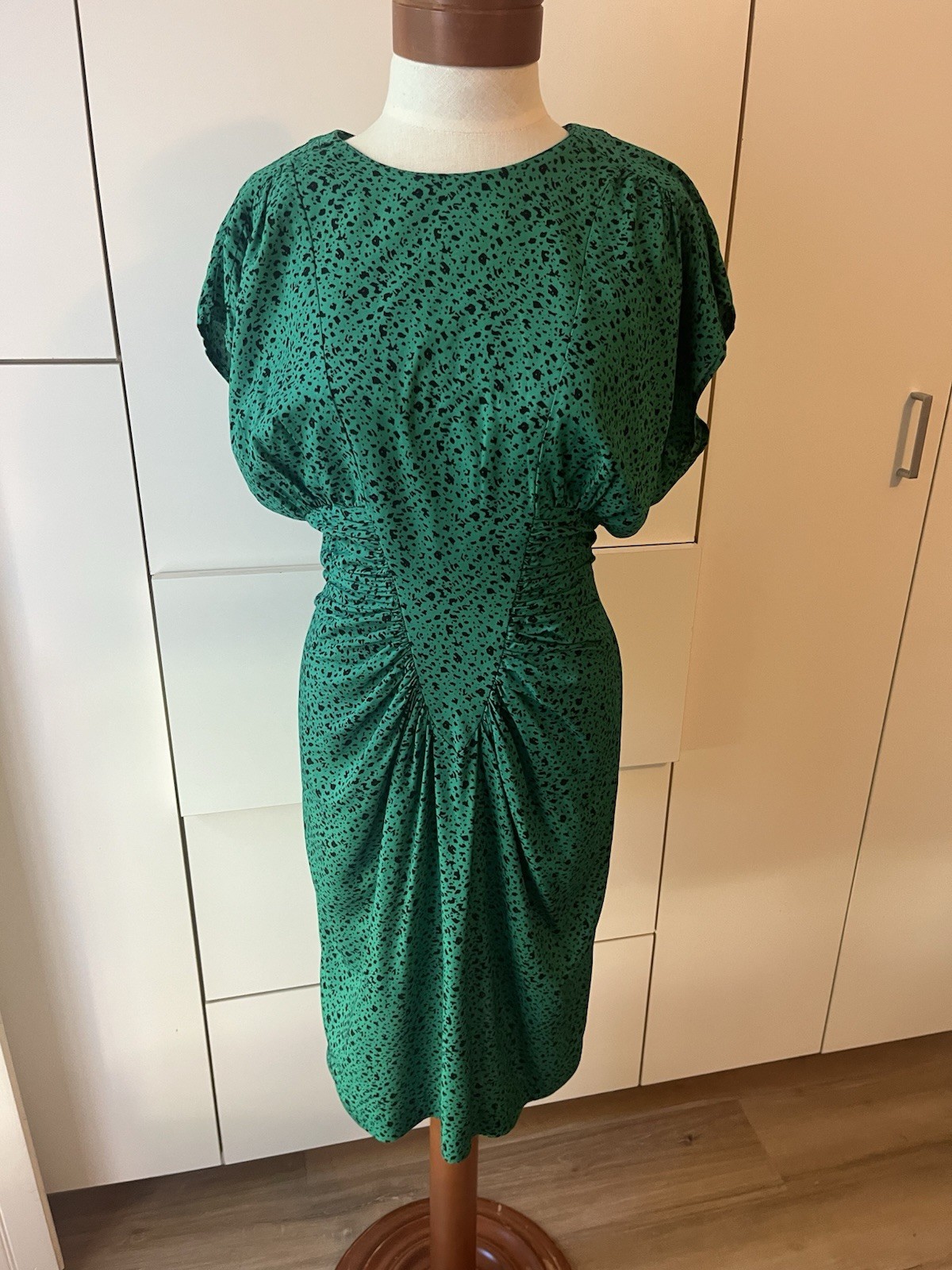 Vintage 80s Milanzo Green Ruched Dress Dolman Sleeves Rayon- Size S