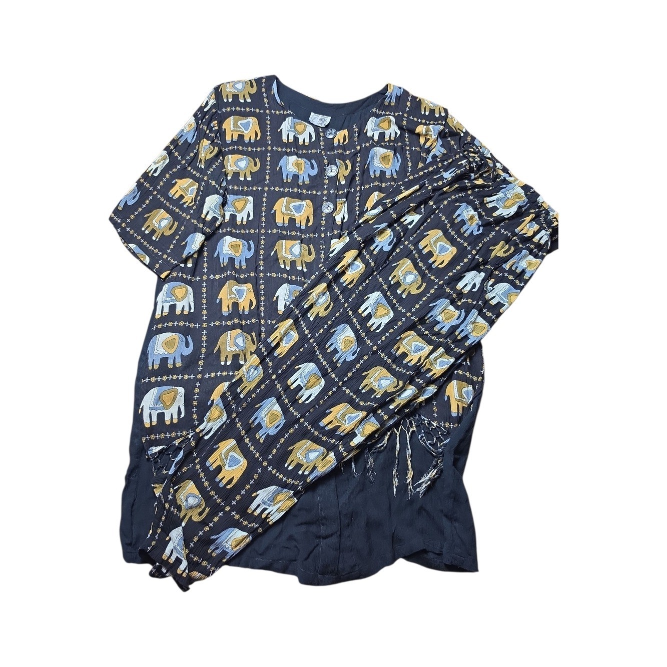 JEWEL QUEEN | Vintage Elephant Print Two-Piece Button Down Tunic Pants Set | XL