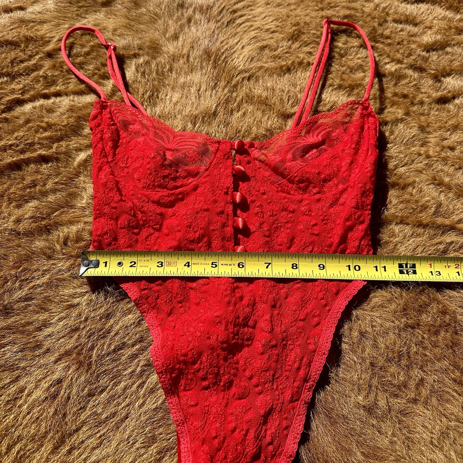Vintage 90s Chic Red Lace Button Bow Thong Lingerie Bodysuit USA Ribbon Present